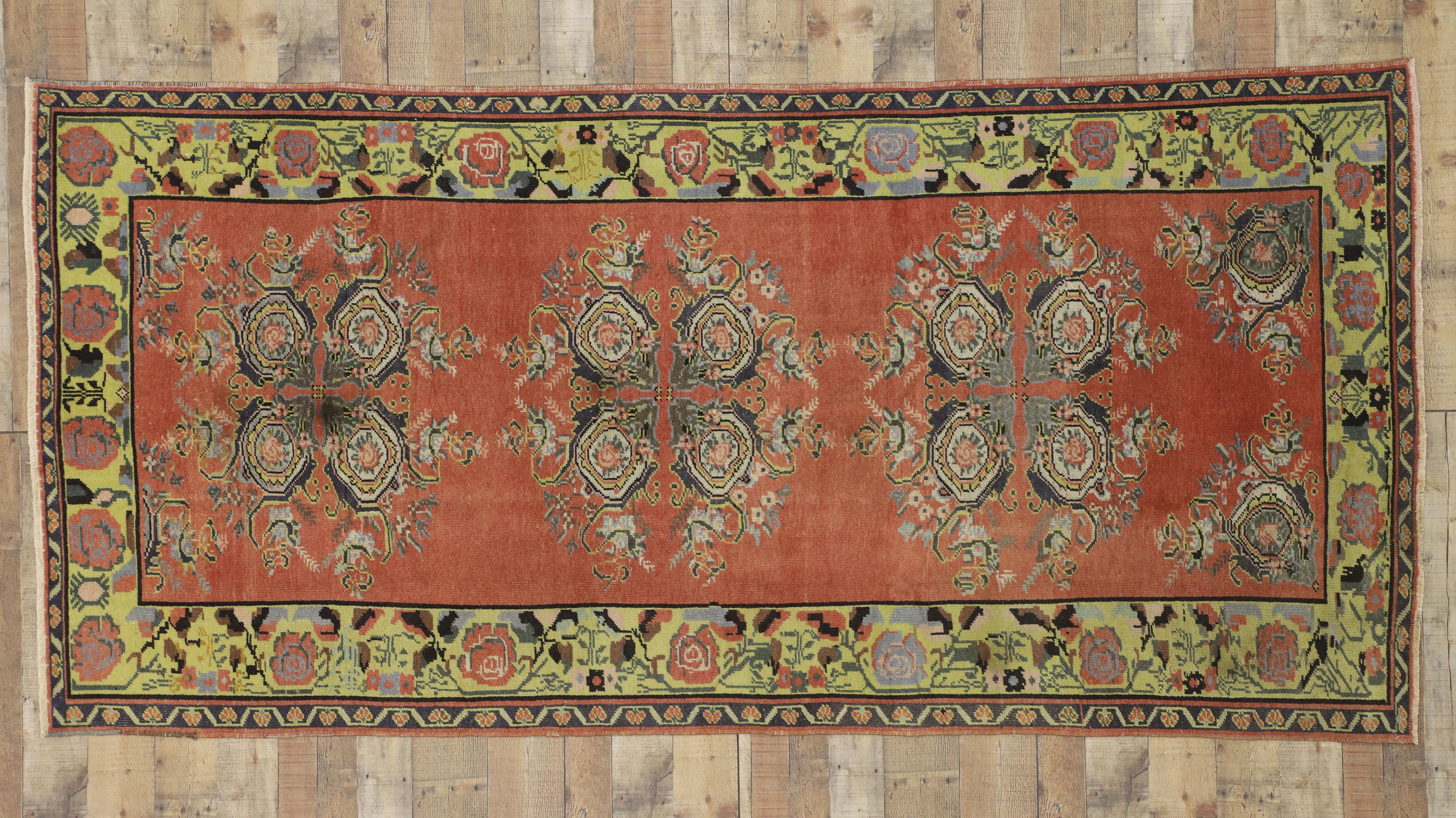 Hand-Knotted Vintage Turkish Oushak Wide Hallway Runner with Art Deco Expressionist Style For Sale