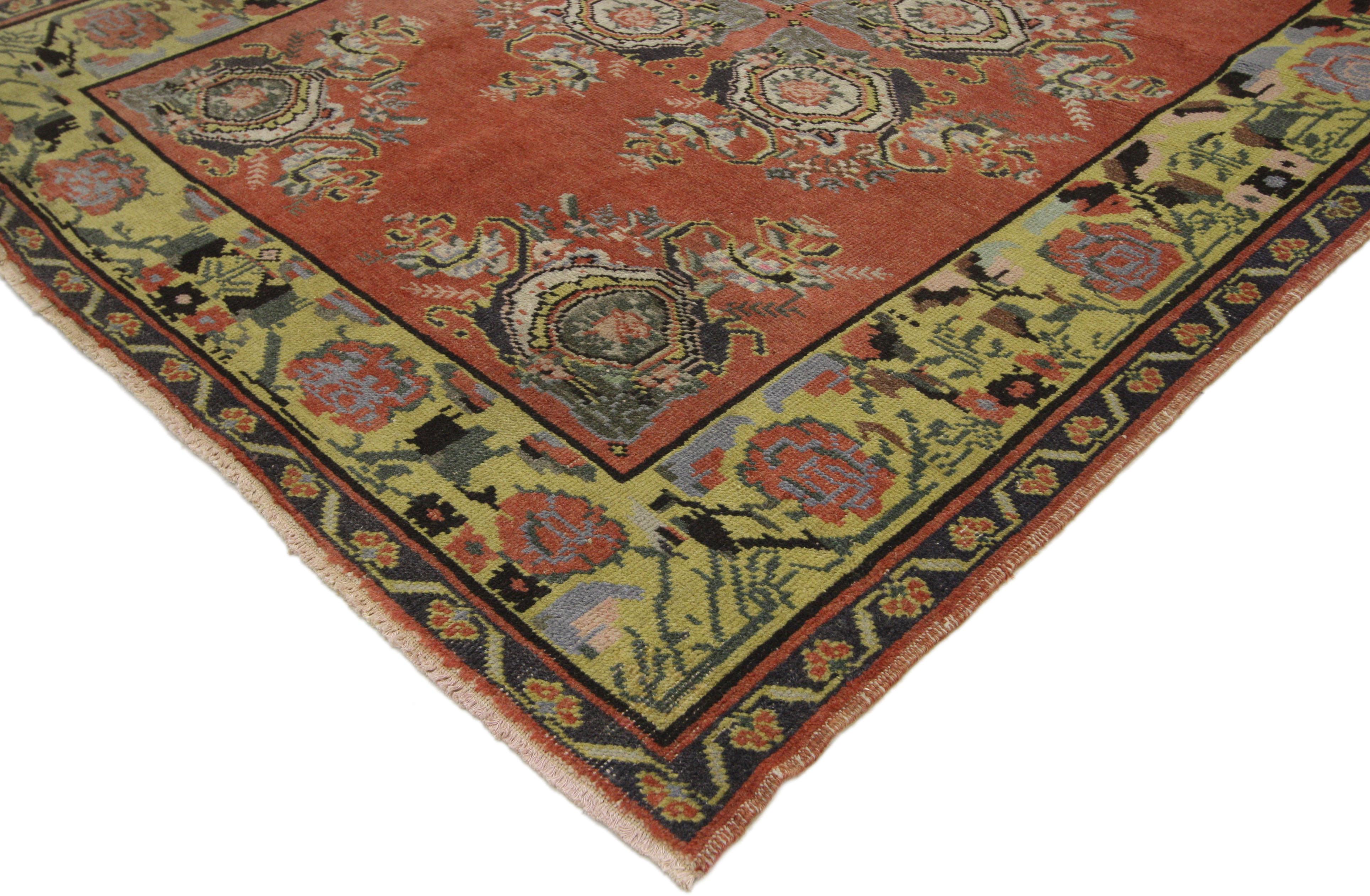 20th Century Vintage Turkish Oushak Wide Hallway Runner with Art Deco Expressionist Style For Sale