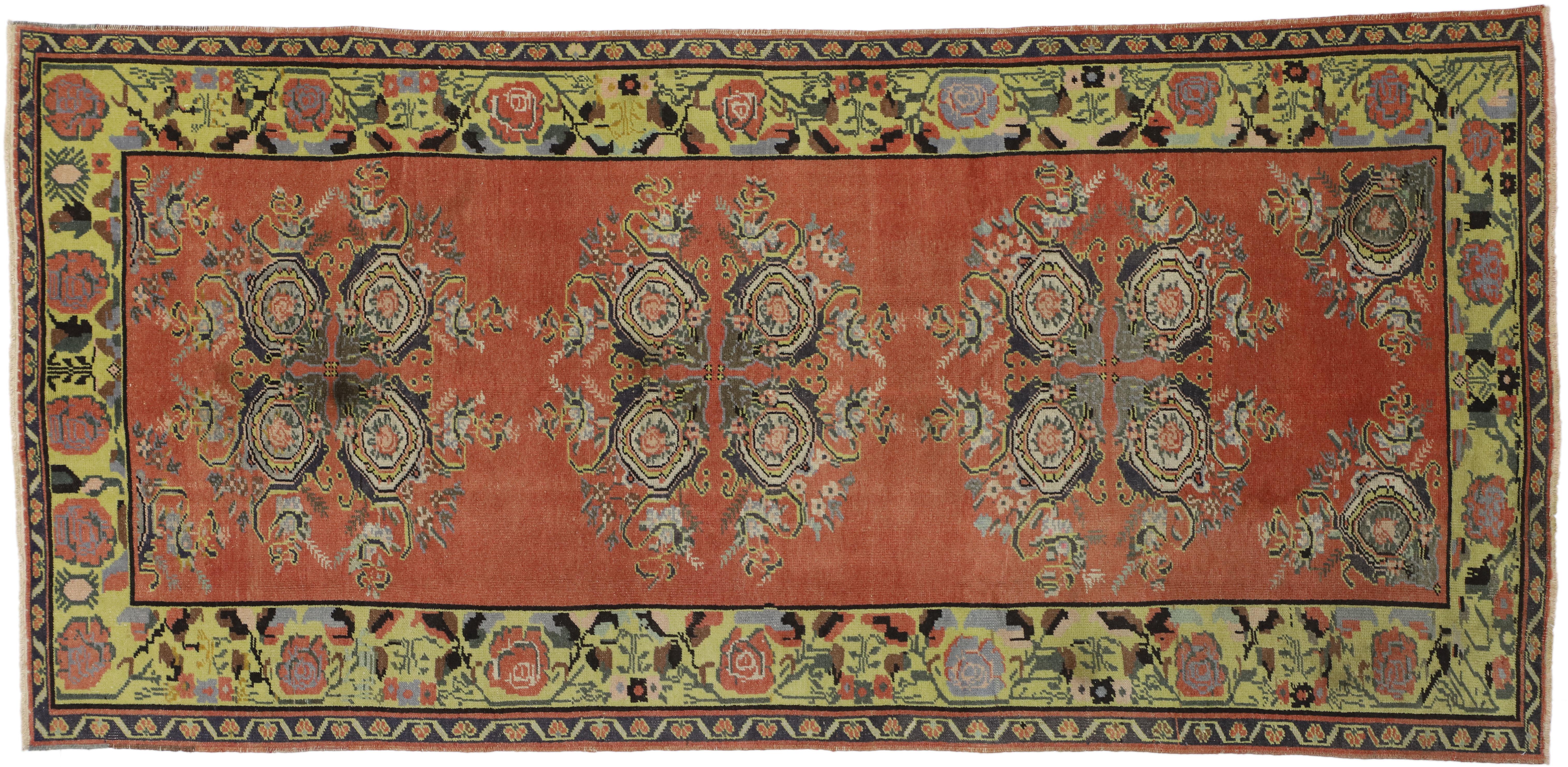 Vintage Turkish Oushak Wide Hallway Runner with Art Deco Expressionist Style For Sale 2