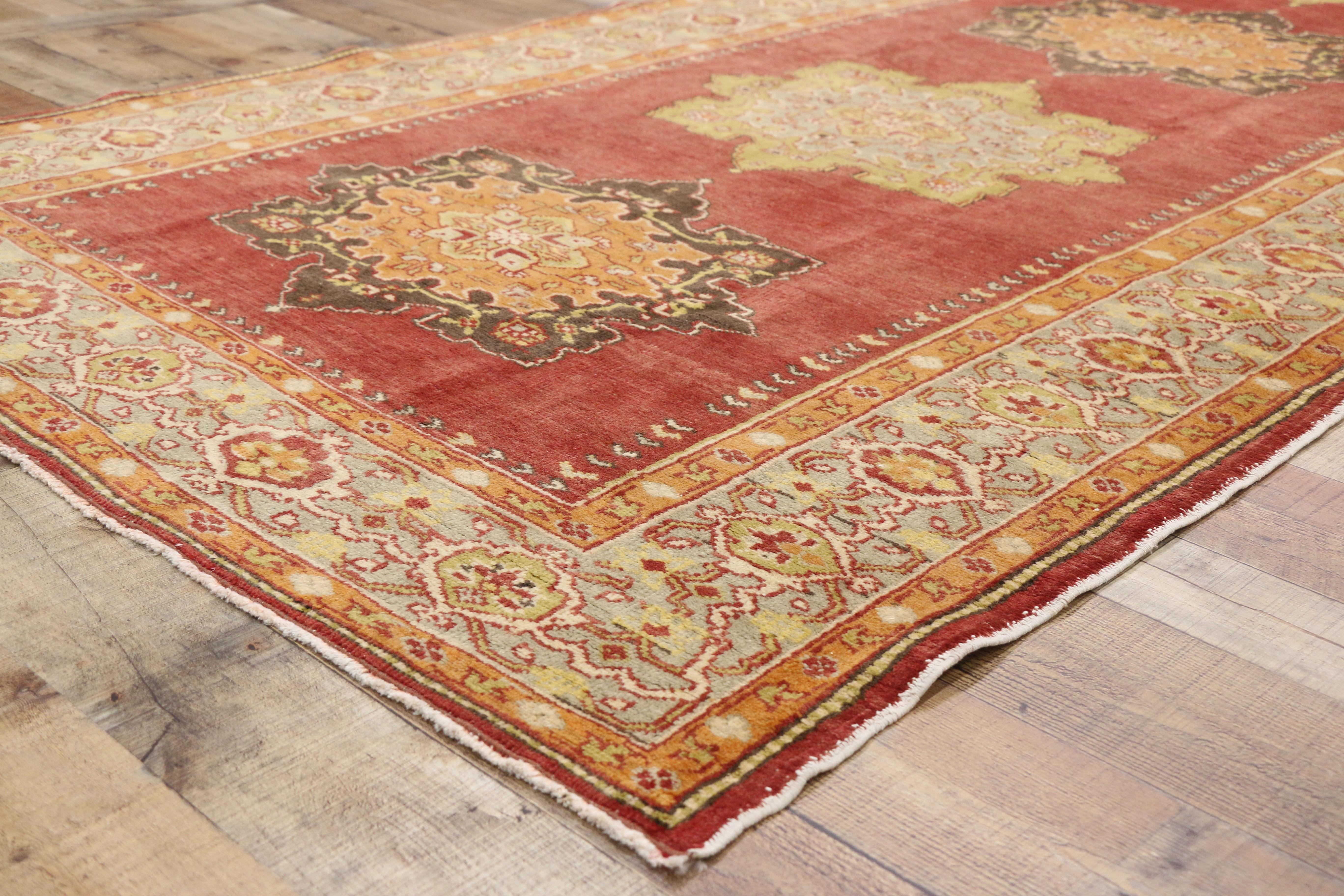 Vintage Turkish Oushak Wide Hallway Runner with Spanish Revival Style In Good Condition For Sale In Dallas, TX