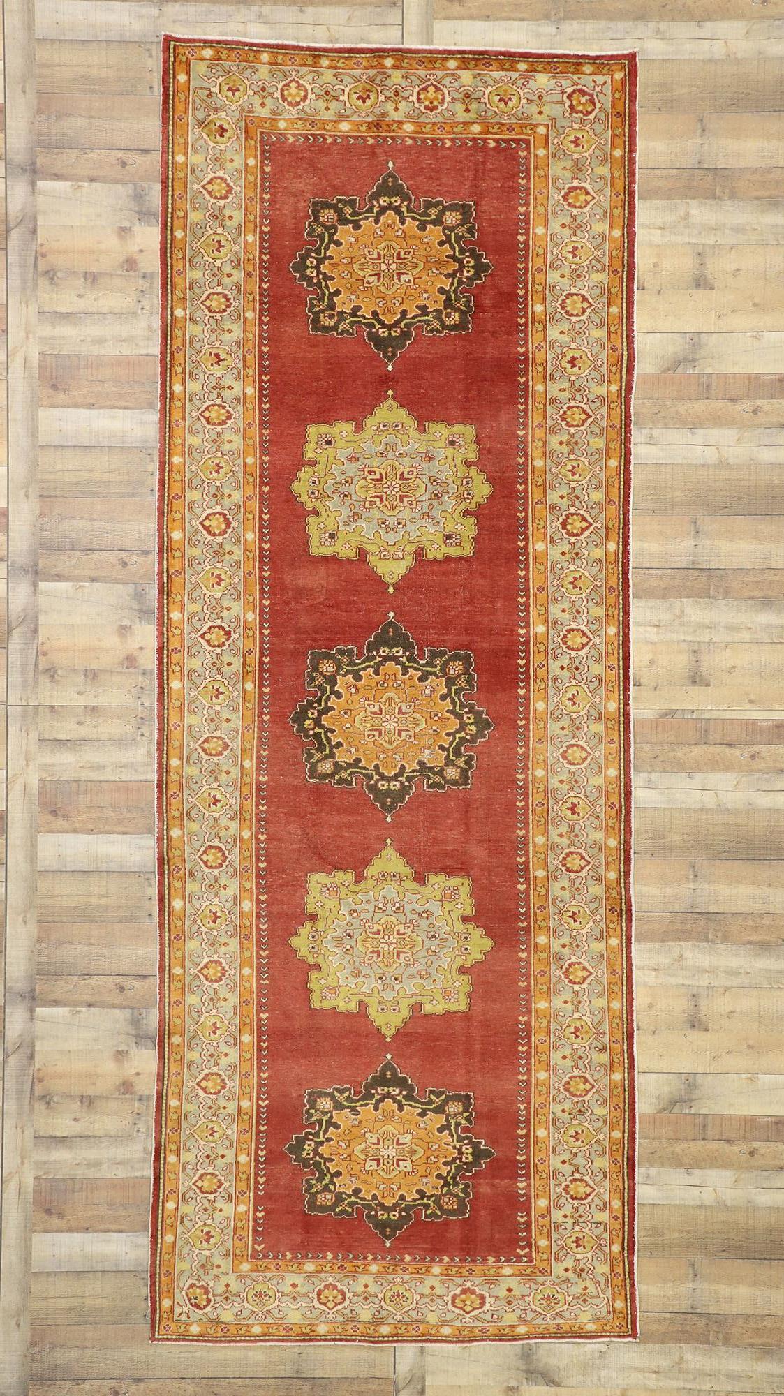 20th Century Vintage Turkish Oushak Wide Hallway Runner with Spanish Revival Style For Sale
