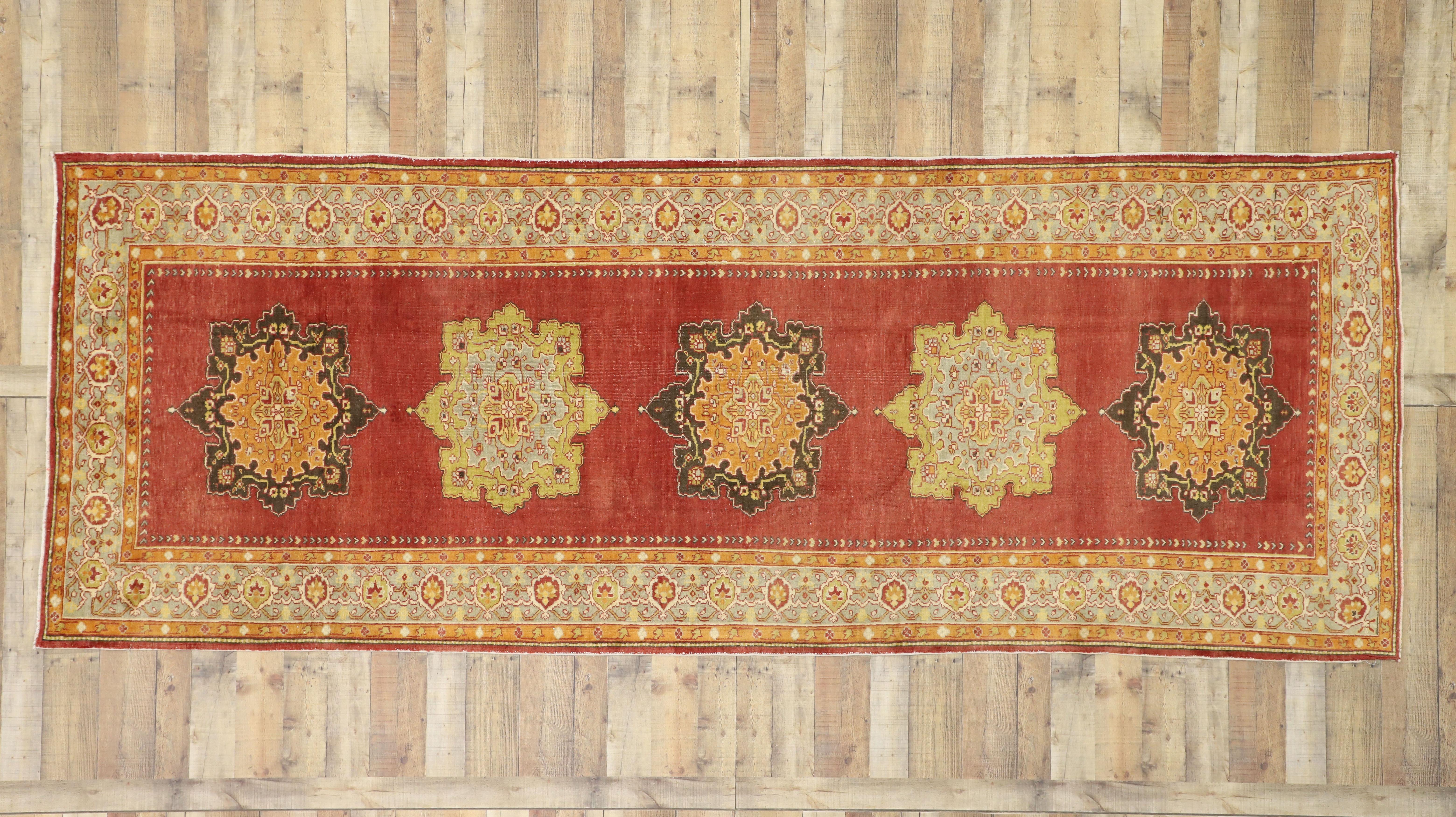 Wool Vintage Turkish Oushak Wide Hallway Runner with Spanish Revival Style For Sale