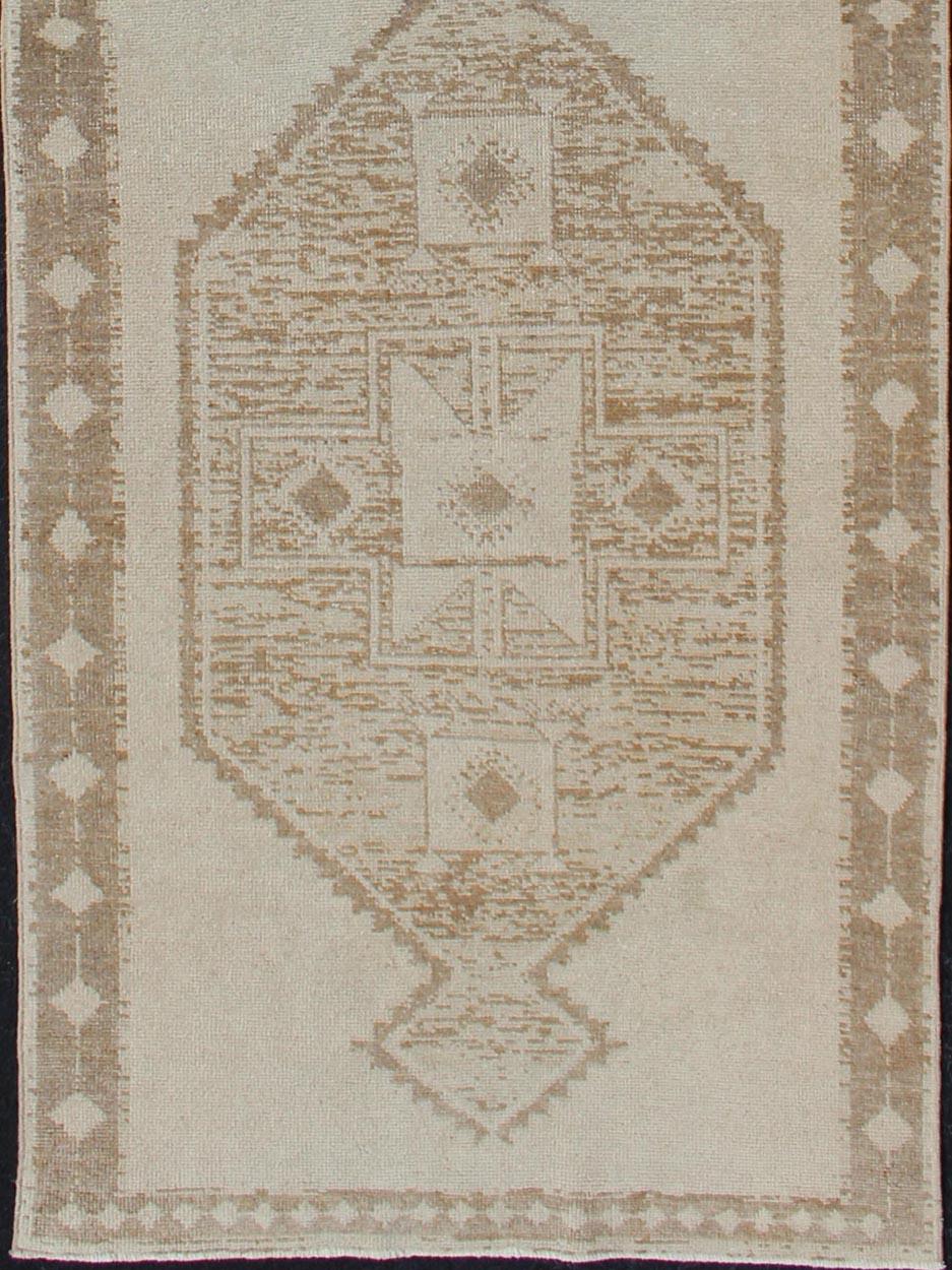 Hand-Knotted Vintage Turkish Oushak Wide Runner with Three Geometric Medallions in Neutrals For Sale