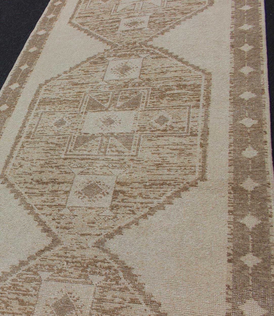 20th Century Vintage Turkish Oushak Wide Runner with Three Geometric Medallions in Neutrals For Sale