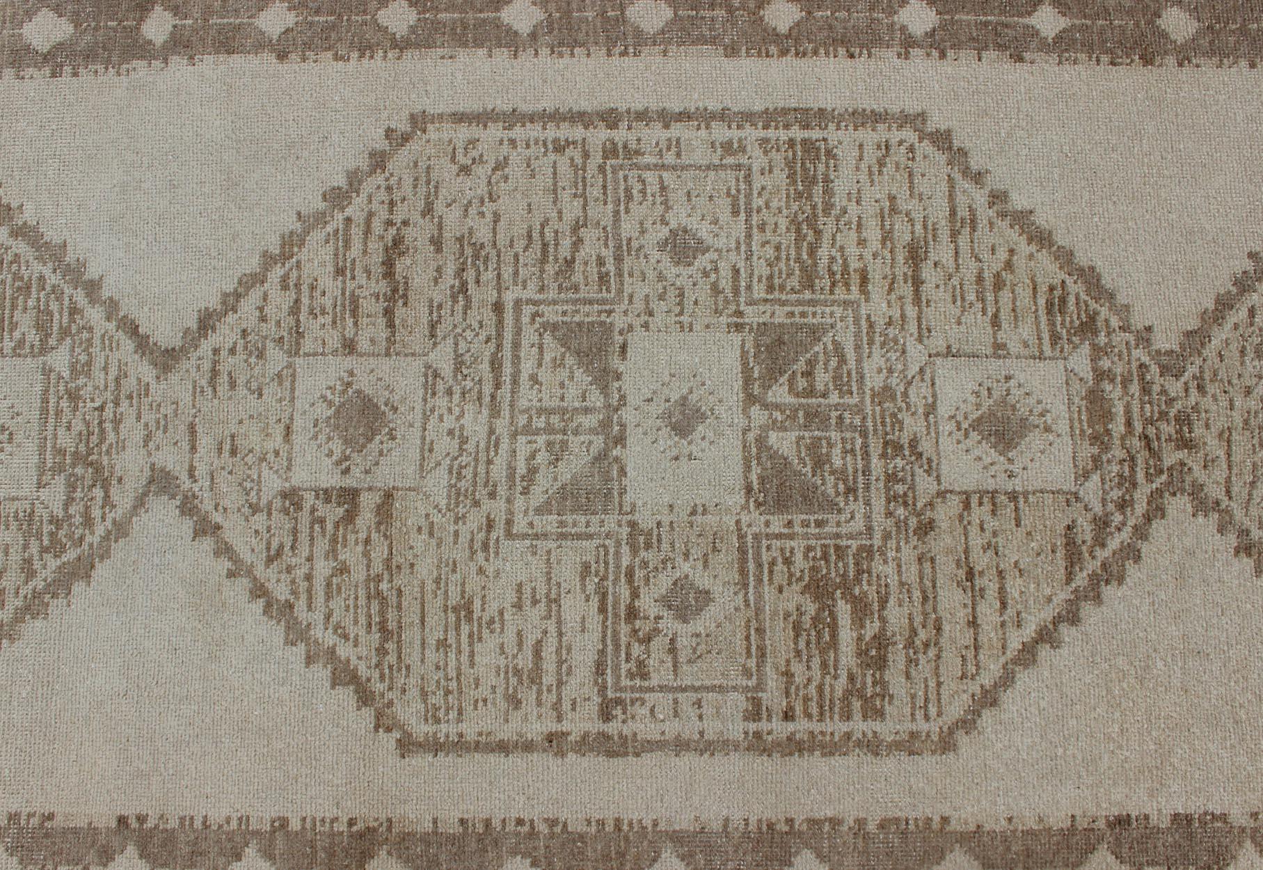 Wool Vintage Turkish Oushak Wide Runner with Three Geometric Medallions in Neutrals For Sale