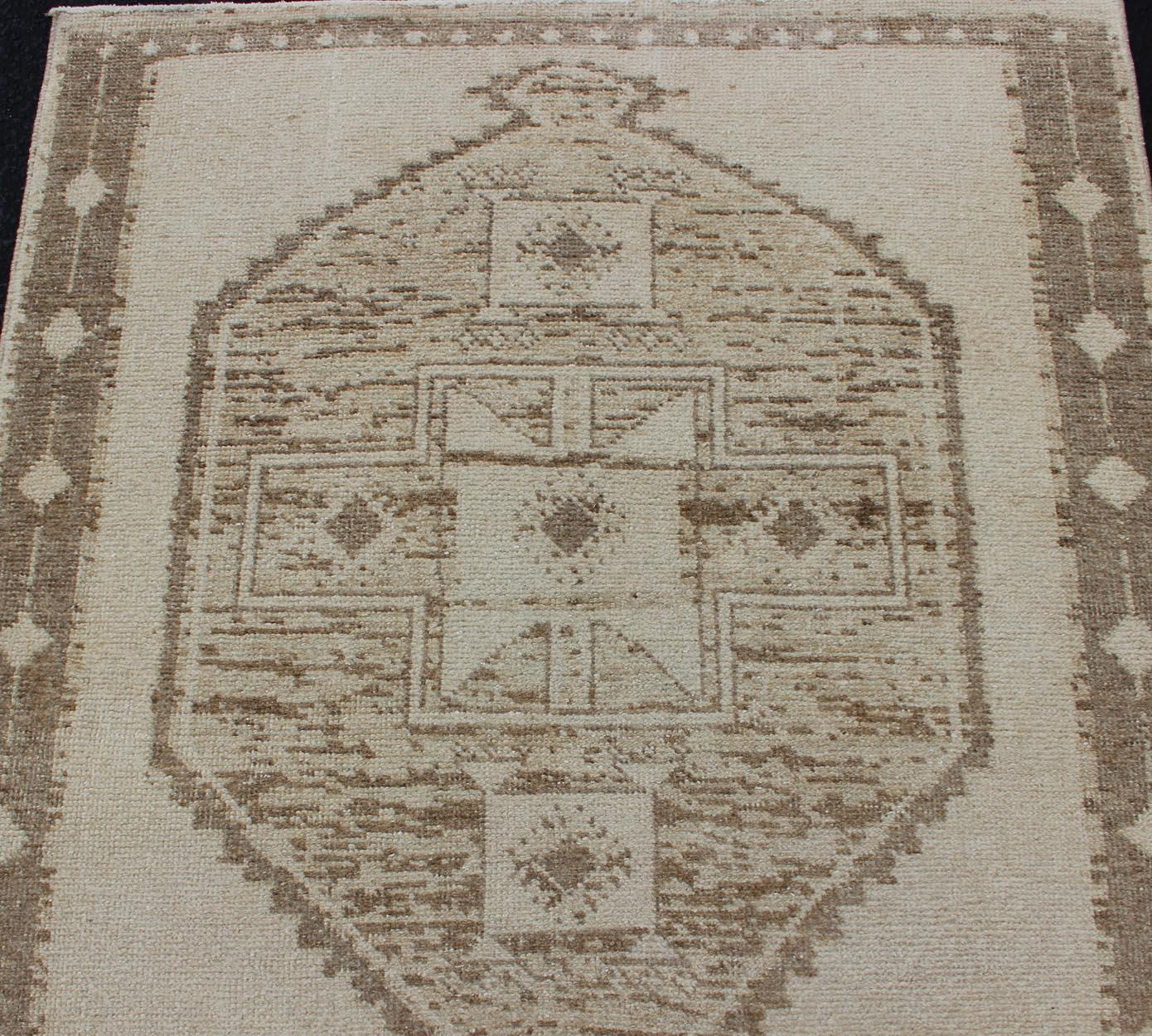 Vintage Turkish Oushak Wide Runner with Three Geometric Medallions in Neutrals For Sale 1