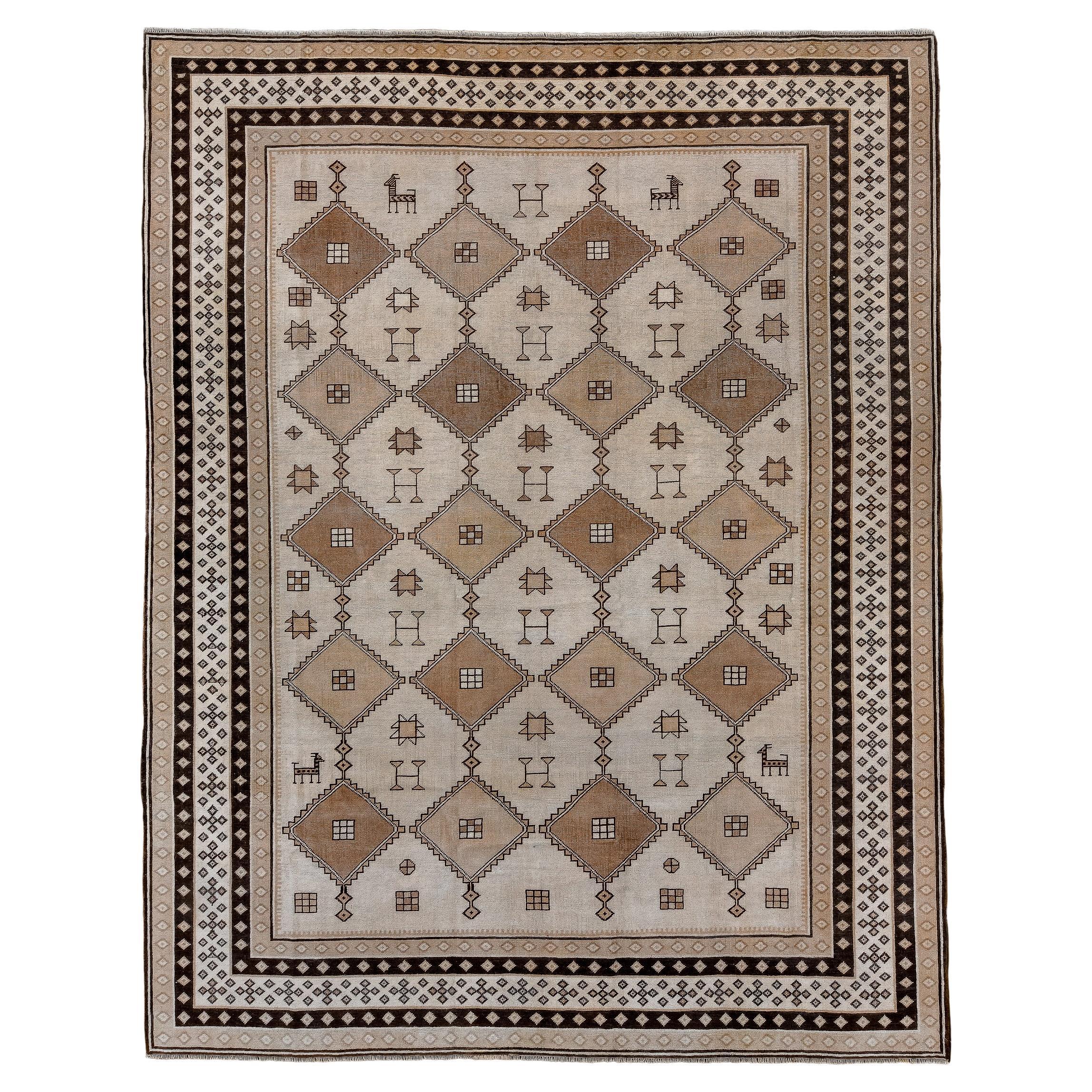 Vintage Turkish Oushak with Beige Field and Unique Design   For Sale
