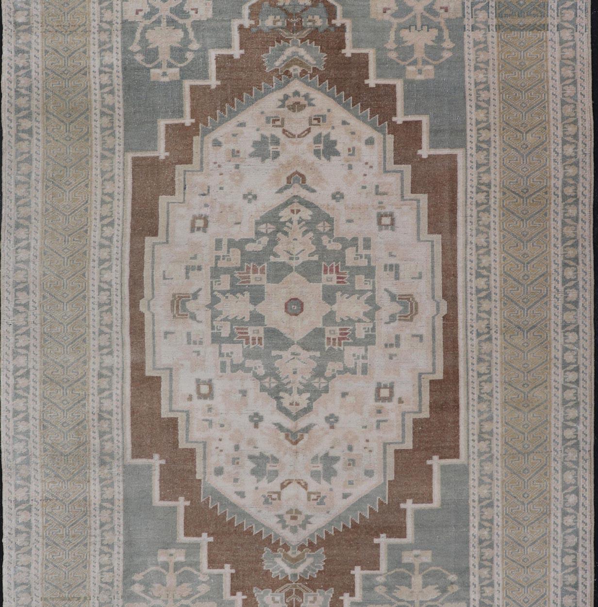 20th Century Vintage Turkish Oushak with Medallion in Taupe, Lt. Brown, Grey Blue, & Tan For Sale
