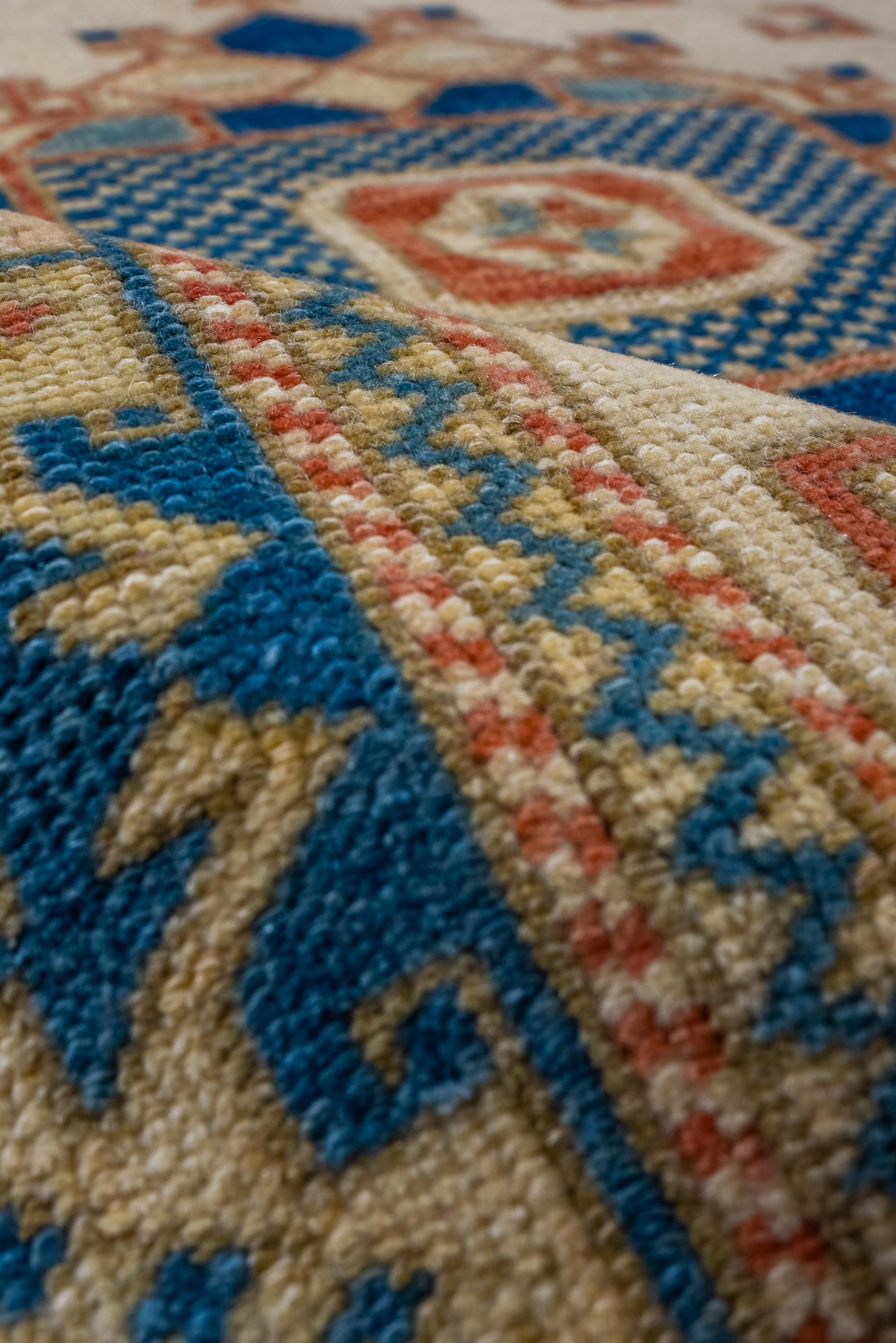 Wool Vintage Turkish Oushak with Modern Ecru Field and Blue Design For Sale