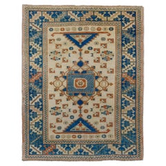 Vintage Turkish Oushak with Modern Ecru Field and Blue Design