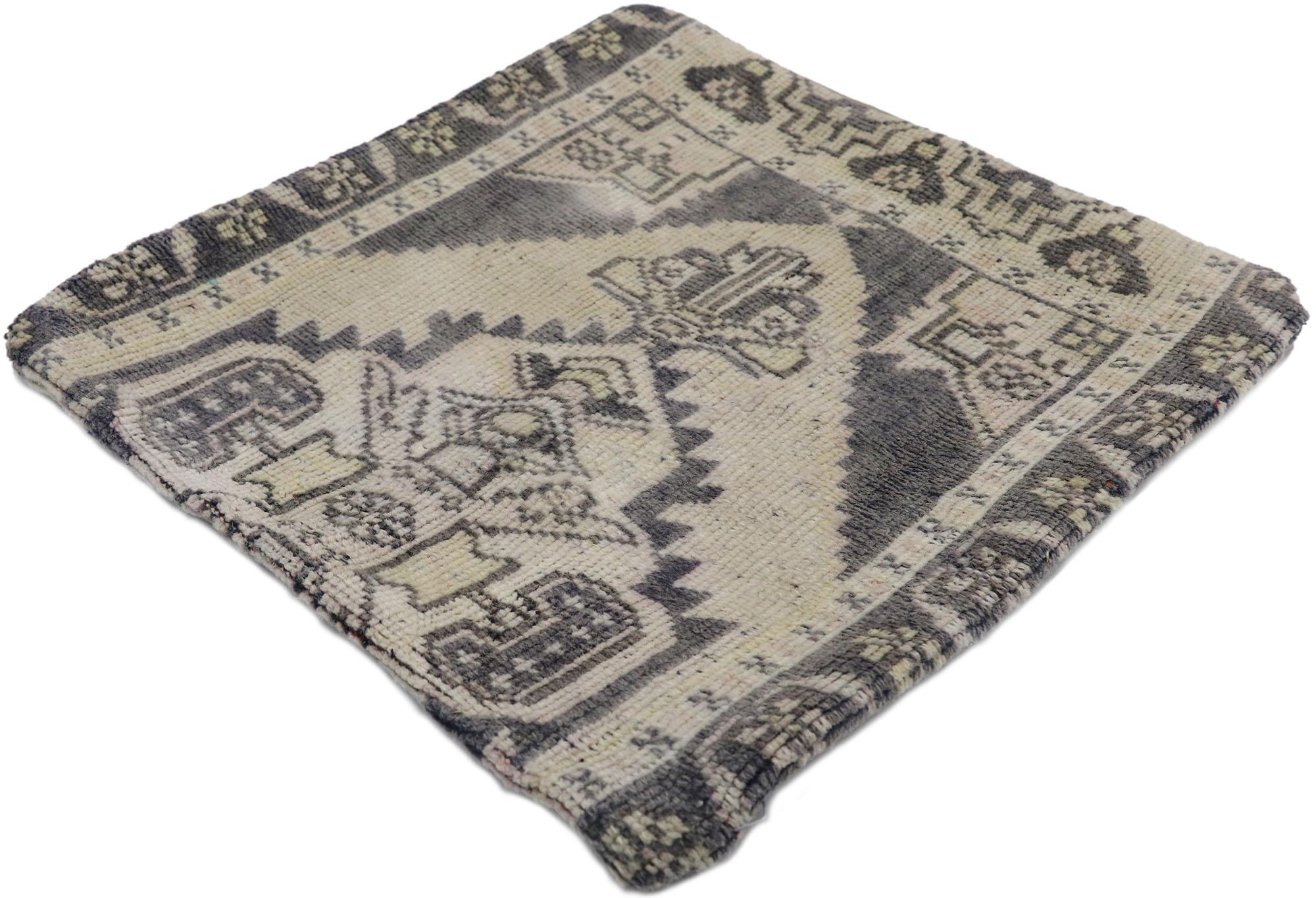 53640 Vintage Turkish Oushak Rug Pillow Cover, 01'06 x 01'06. This vintage Turkish Oushak rug pillow cover is a masterclass in the art of textile craftsmanship, merging the rich history of Anatolian weaving with contemporary decorative appeal. The