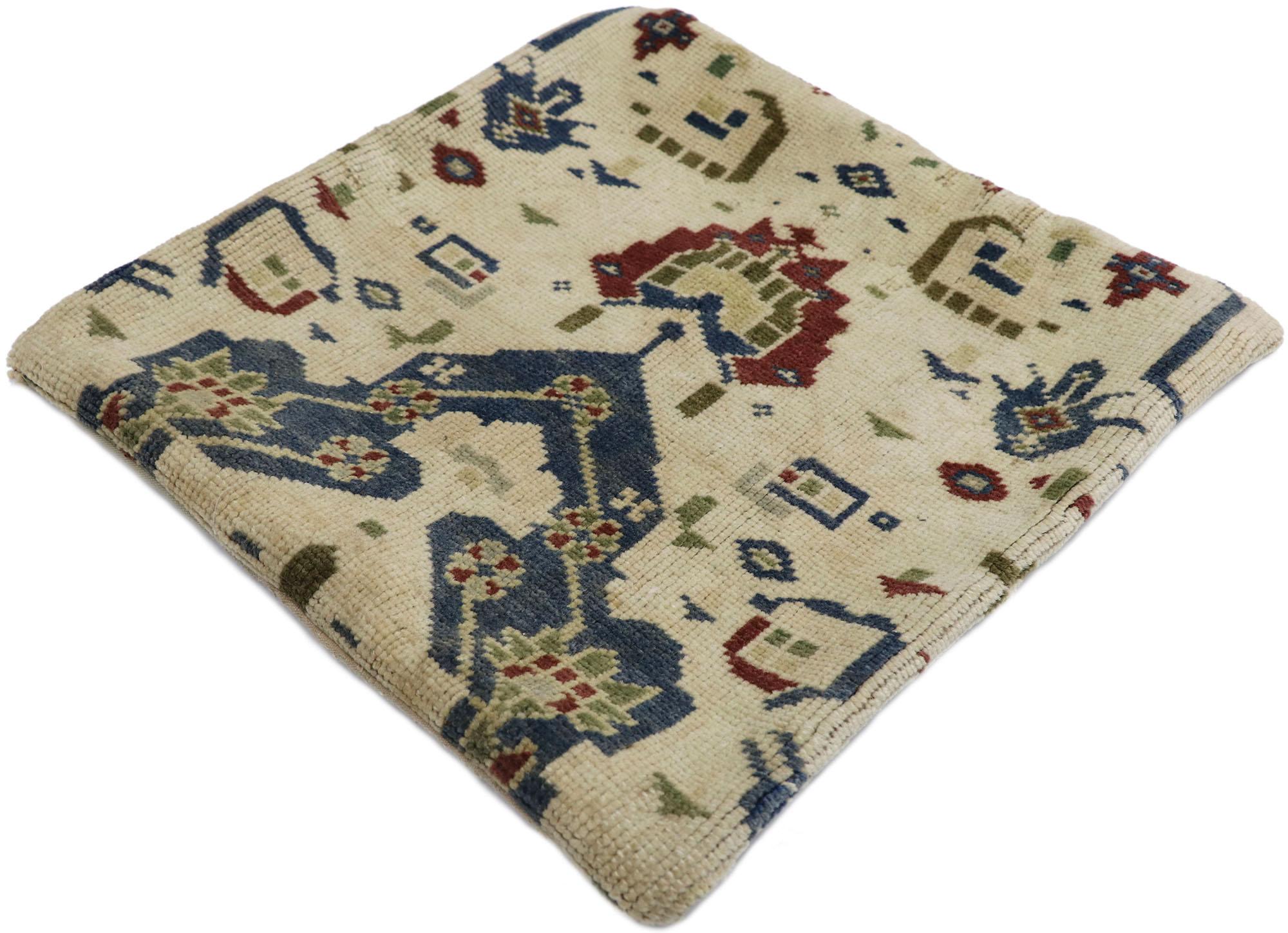 53632 Vintage Turkish Oushak Rug Pillow Cover, 01'05 x 01'05. This vintage Turkish Oushak rug pillow cover embodies the rich history and meticulous craftsmanship of traditional Anatolian textile art. Hand-knotted from wool, the Oushak rug pillowcase