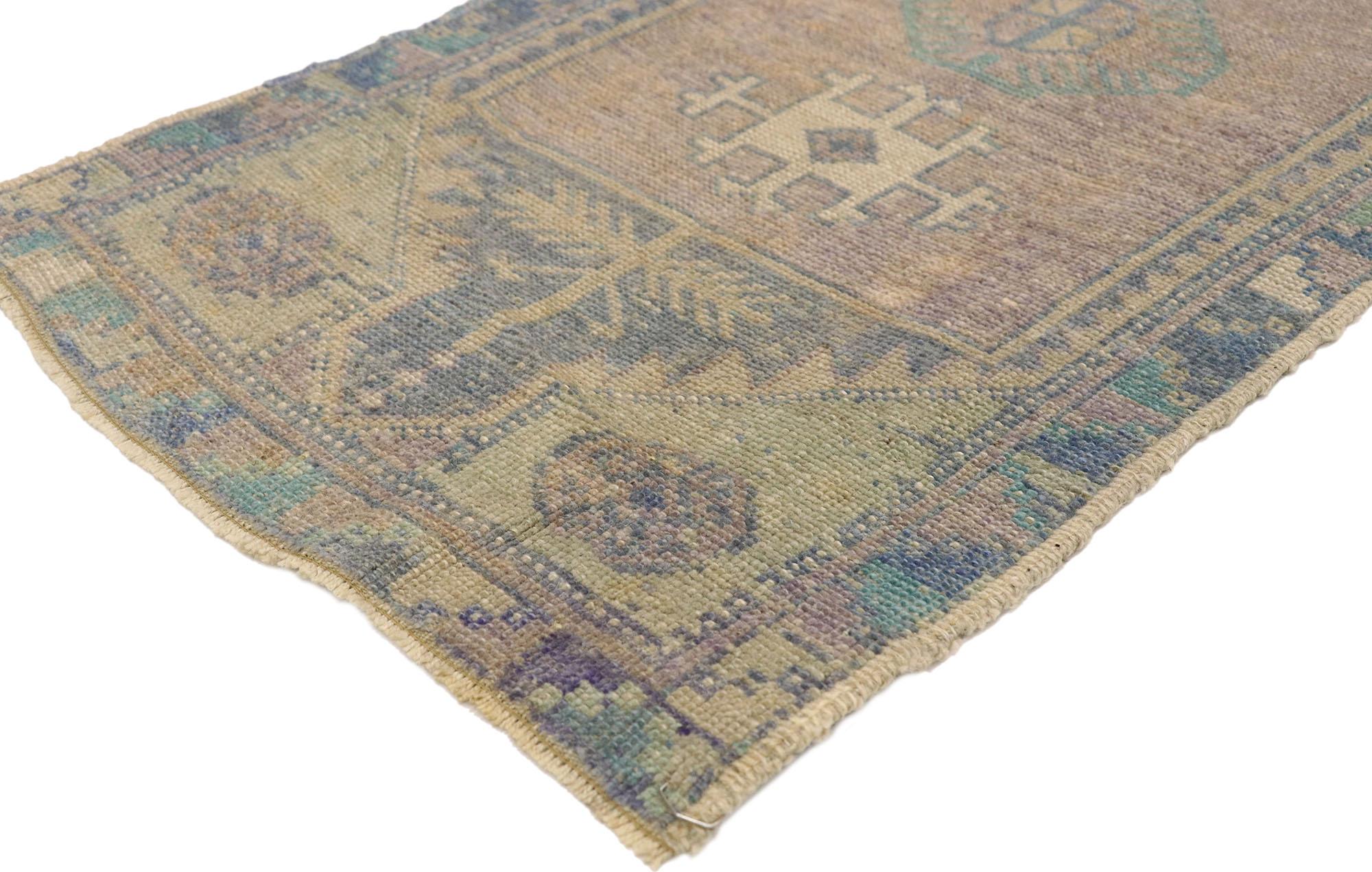 52271 Vintage Turkish Oushak Rug, 01'08 x 03'00. In this hand-knotted wool vintage Turkish Oushak rug, Boho Chic aesthetics converge with tribal enchantment to create a captivating visual narrative. At the heart of the composition lies a central gul