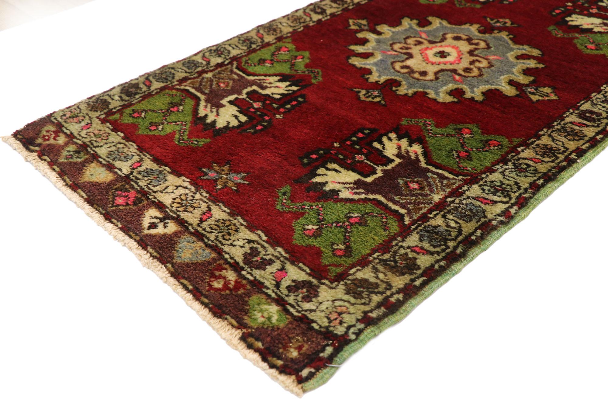 51465, vintage Turkish Oushak Yastik Scatter rug, small accent rug 01'10 x 03'06. This hand knotted wool vintage Turkish Oushak Yastik scatter rug features a central stepped medallion patterned with a geometric botanical scene flanked with four