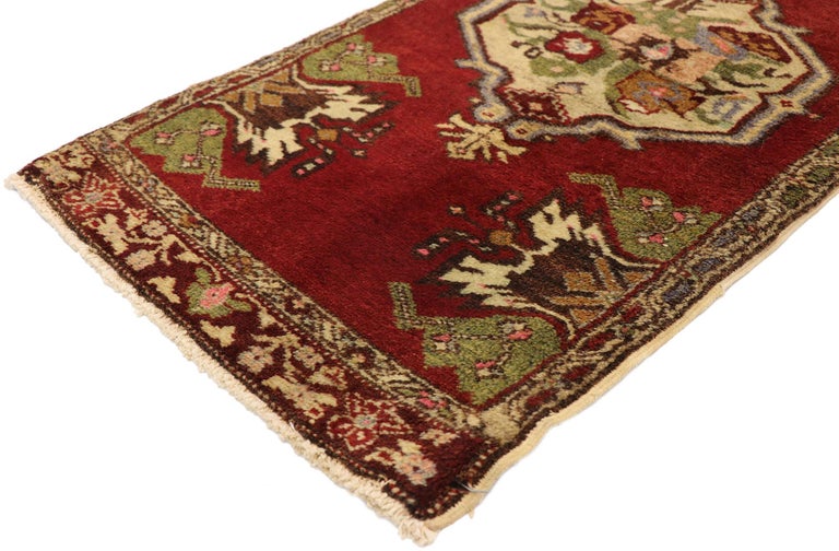 51469, vintage Turkish Oushak Yastik Scatter rug, small accent rug 01'08 x 03'06. This hand knotted wool vintage Turkish Oushak Yastik scatter rug features a central stepped medallion patterned with a geometric botanical scene flanked with four