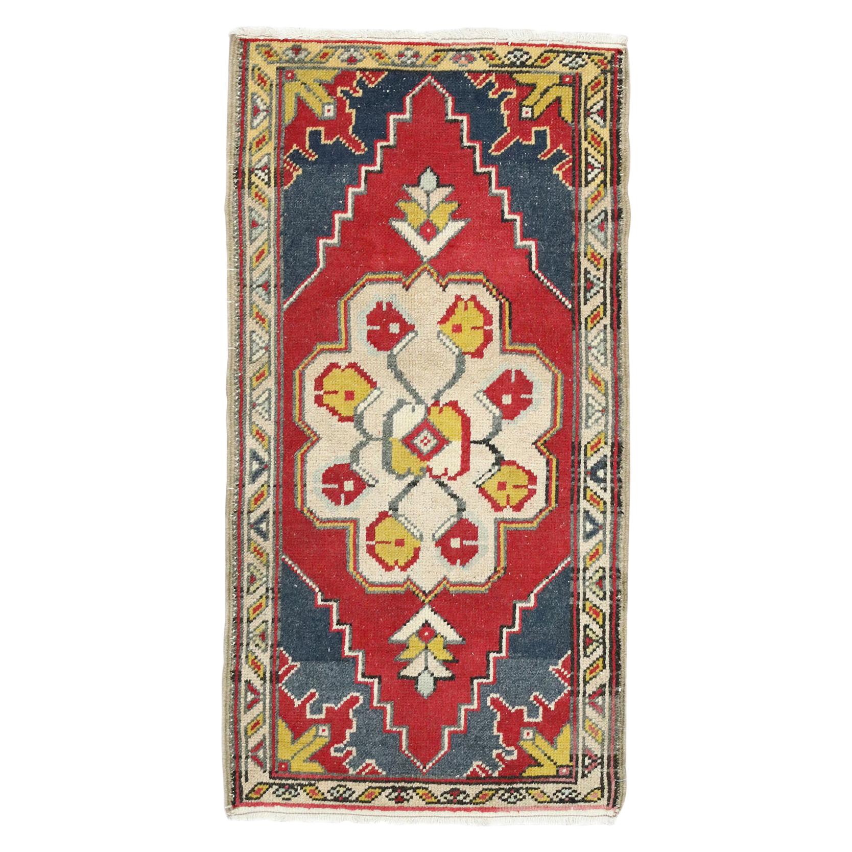 Vintage Turkish Oushak Accent Rug, Yastik Scatter Rug with Rustic