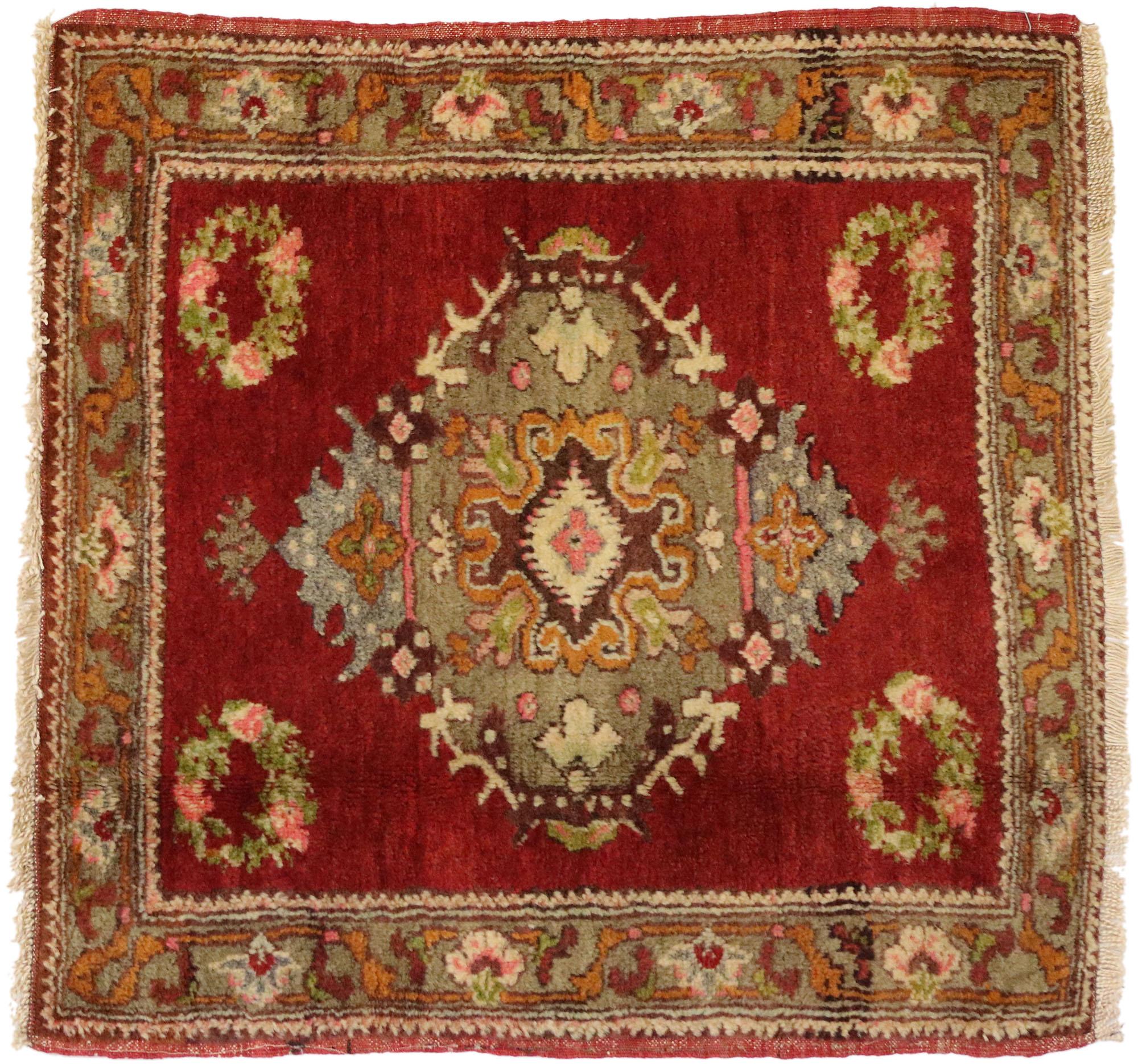 51415 Vintage Turkish Oushak Yastik Scatter Rug, Small Square Accent Rug 02'04 x 02'04. This hand knotted wool vintage Turkish Oushak Yastik scatter rug features a central lozenge medallion patterned with a geometric botanical scene floating in an