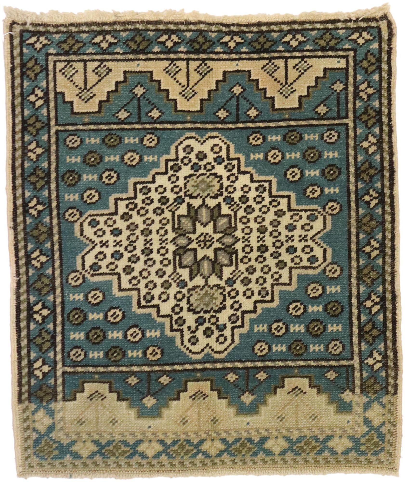 52280 Vintage Turkish Oushak Rug Yastik Scatter Rug, Square Accent Rug 01'10 x 02'02. With bluish hues and well-balanced symmetry paired with lovingly timeworn rusticity, this hand knotted wool vintage Turkish Oushak yastik scatter rug beautifully