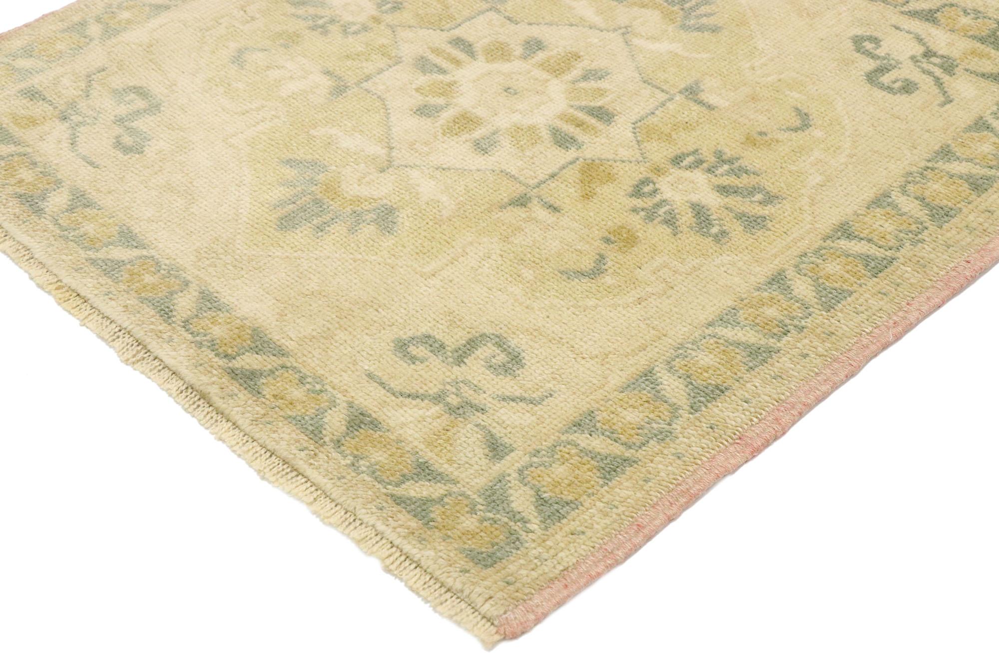 53010, vintage Turkish Oushak Yastik scatter rug with neoclassical cottage style, small square accent rug. Effortless beauty and simplicity meet soft, bespoke vibes with a neoclassical cottage style in this hand knotted wool vintage Turkish Oushak