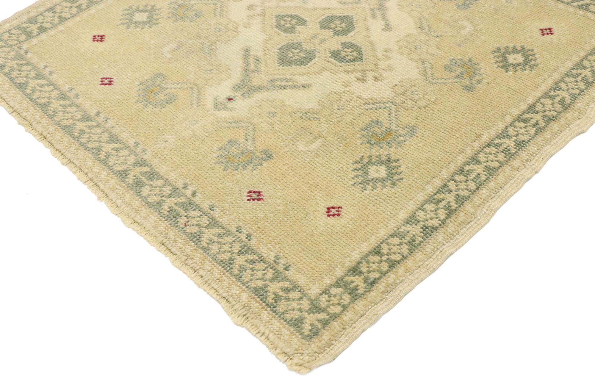 52999, vintage Turkish Oushak Yastik scatter rug with neoclassical cottage style, small square accent rug. Effortless beauty and simplicity meet soft, bespoke vibes with a neoclassical cottage style in this hand knotted wool vintage Turkish Oushak