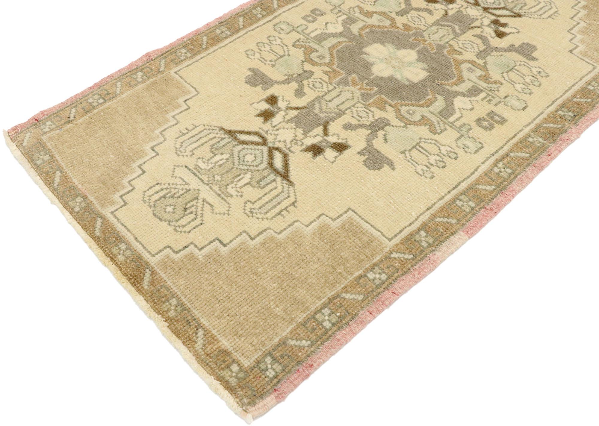 53016, vintage Turkish Oushak Yastik scatter rug with Swedish farmhouse cottage style. Effortless beauty and romantic connotations meet soft, bespoke vibes with a Swedish farmhouse cottage style in this hand knotted wool vintage Turkish Oushak