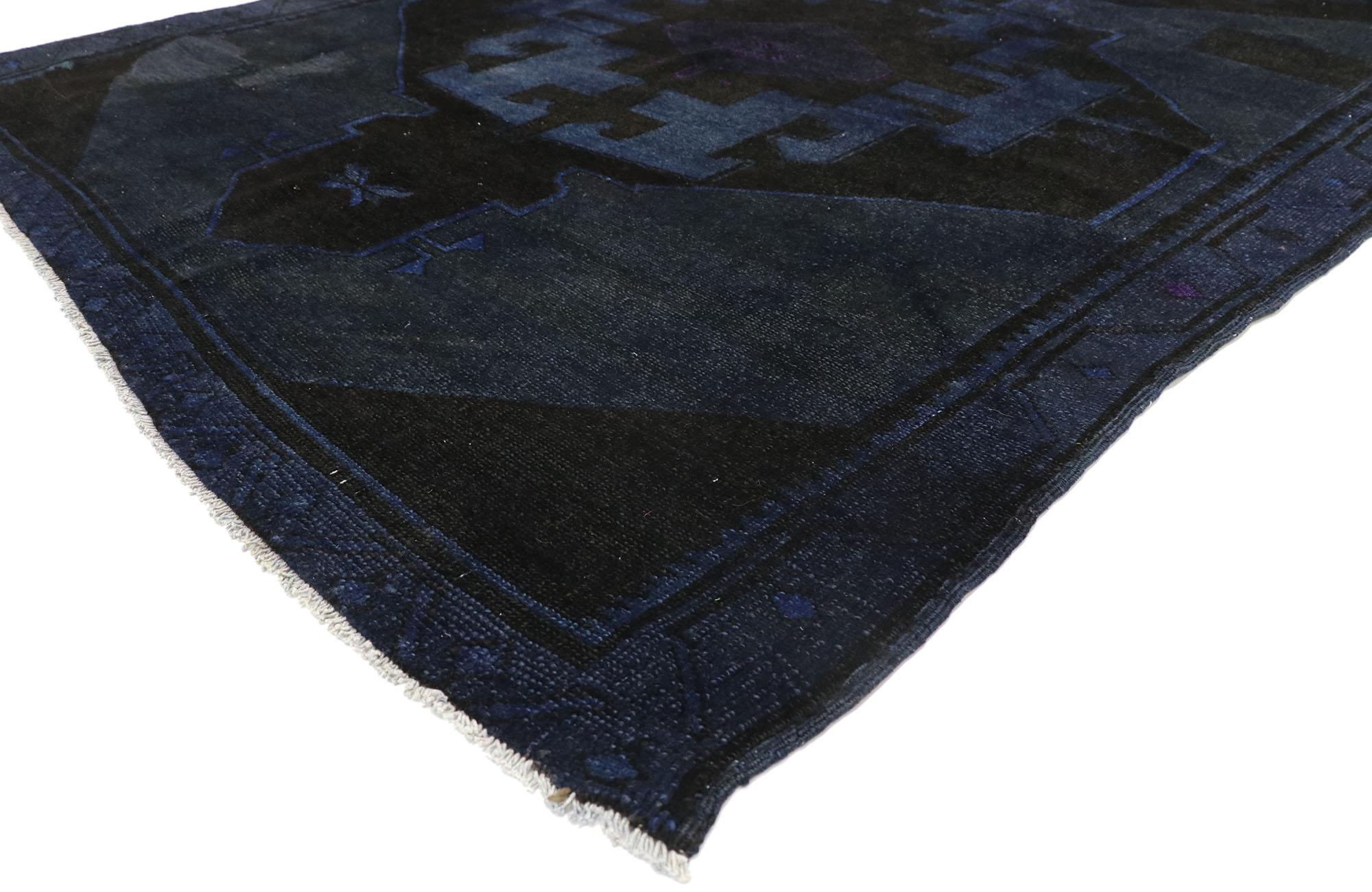 52841 vintage Turkish Overdyed Gallery rug with Modern Luxe Sultry style. With a bold geometric pattern and striking appeal, this hand knotted wool vintage Turkish overdyed gallery rug can beautifully blend contemporary, modern, and traditional