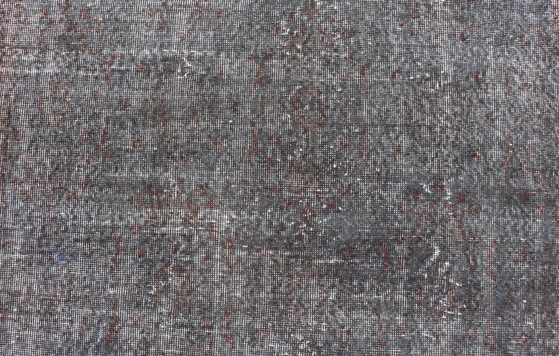 Wool Vintage Turkish Overdyed Oushak with Floral Design in in Gray, Brown & Charcoal For Sale