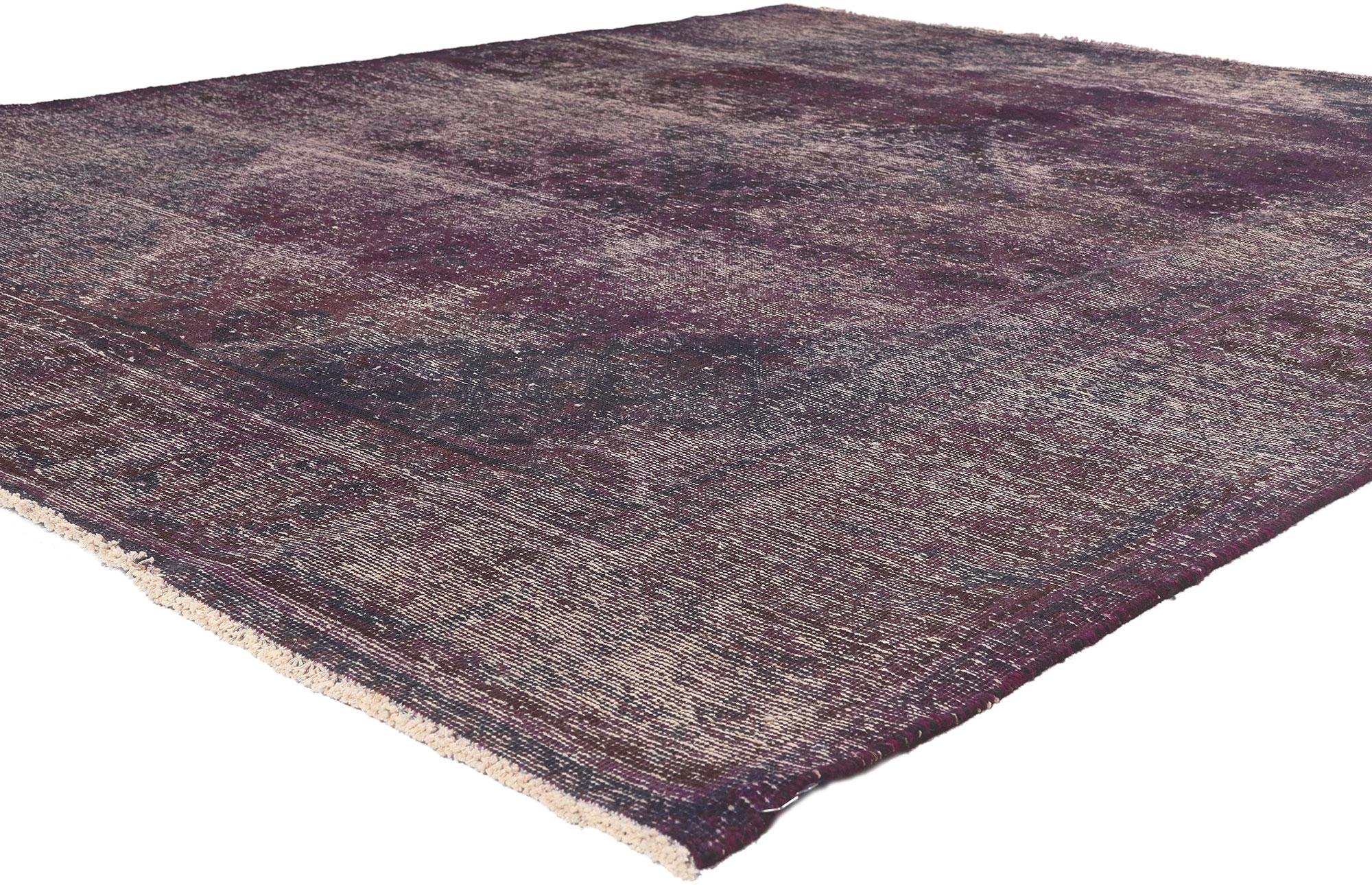 60685 Vintage Turkish Overdyed Rug, 07'02 x 08'09. 
In a graceful convergence of modern industrial aesthetics and regal Regency vibes, behold this hand-knotted wool distressed vintage Turkish overdyed area rug. At its core, a central lozenge