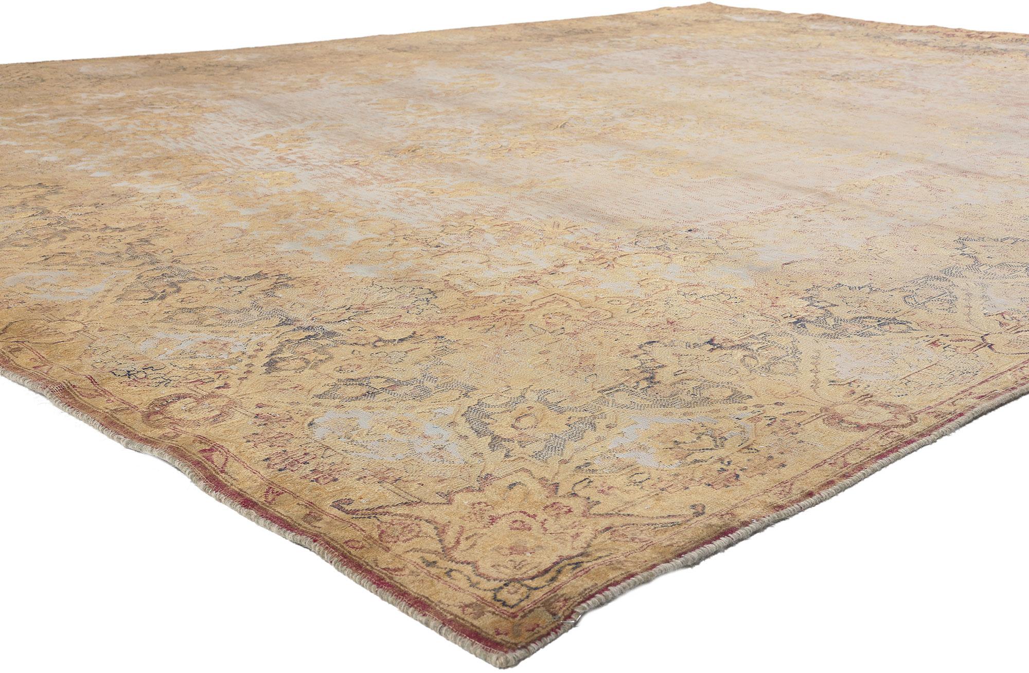 60766 Vintage Turkish Overdyed Rug, 09'07 x 13'04.
Prepare to be charmed by a rug that's a fusion of French Industrial and Belgian Chic – it's like a stylish rendezvous in a design lover's dream. This hand-knotted wool vintage Turkish overdyed rug
