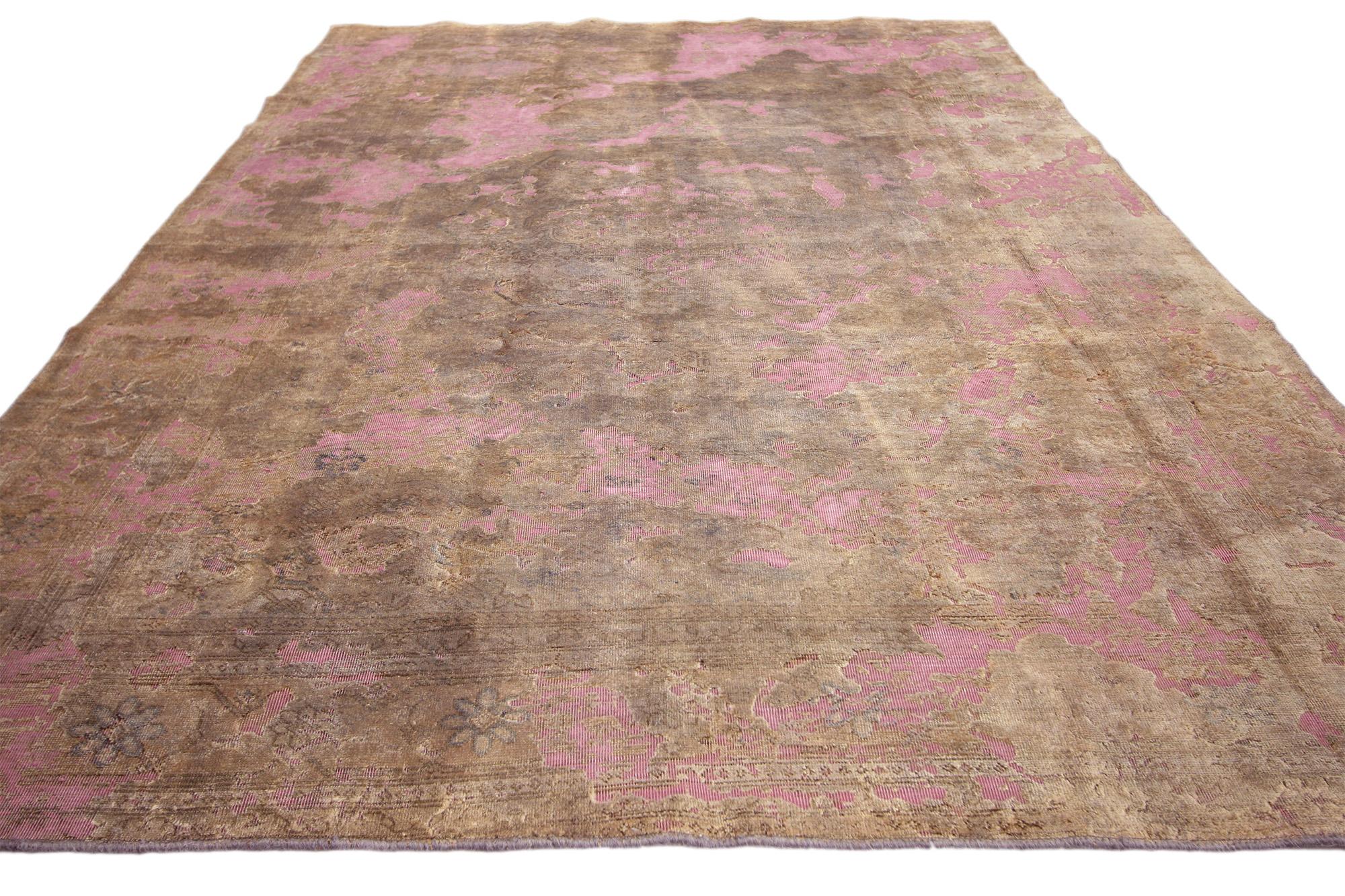Vintage Turkish Overdyed Rug, Industrial Chic Meets Abstract Expressionism In Distressed Condition For Sale In Dallas, TX