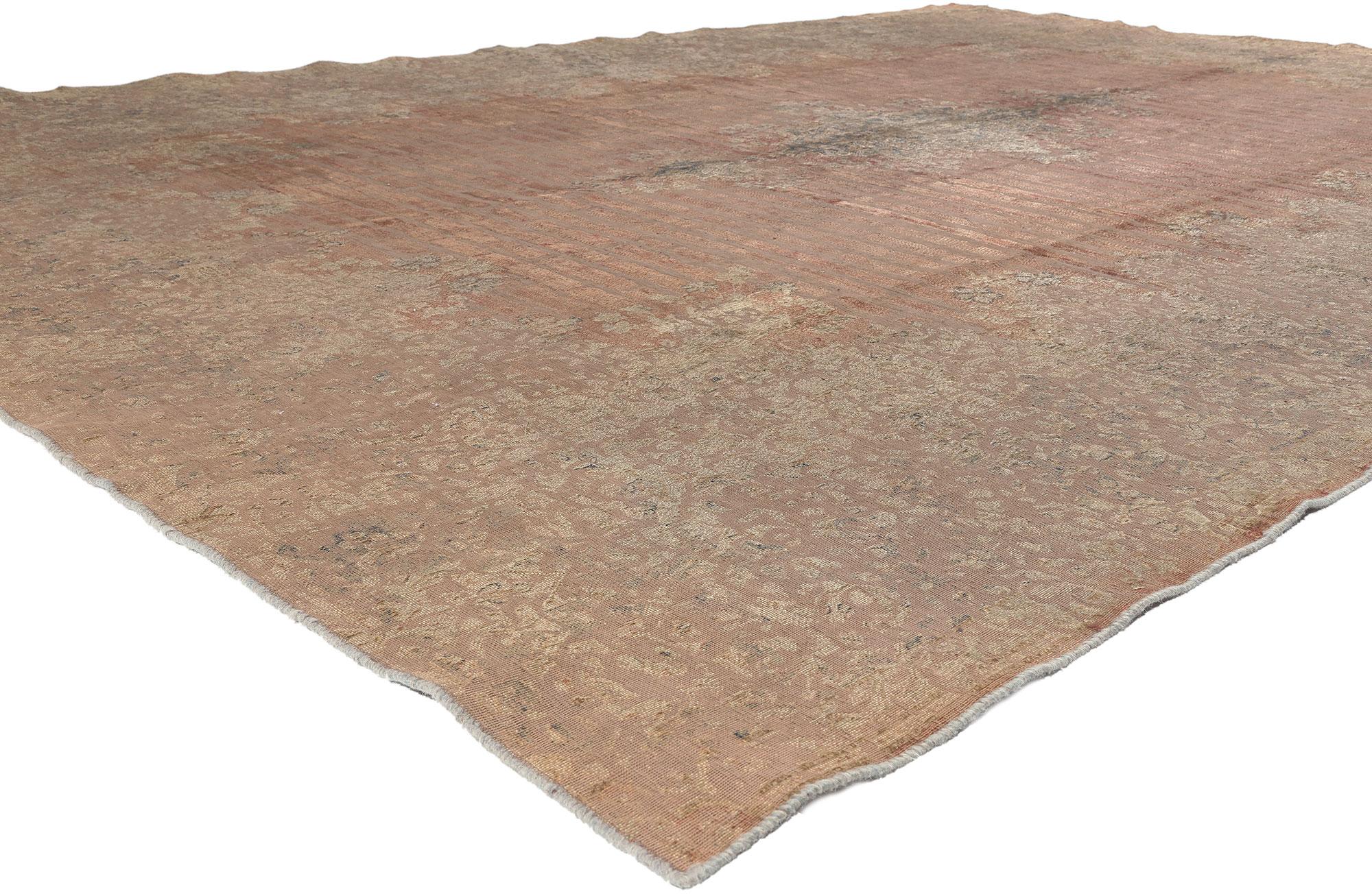 60619 Vintage Turkish Overdyed Rug, 09'04 x 13'06. This hand-knotted wool vintage Turkish overdyed rug beautifully blends warm industrial sensibility with earthy elegance, creating a statement piece that exudes both history and modern luxury. Its