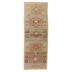 Vintage Turkish Painted Oushak Kars Wide Runner with Contemporary Tribal Style