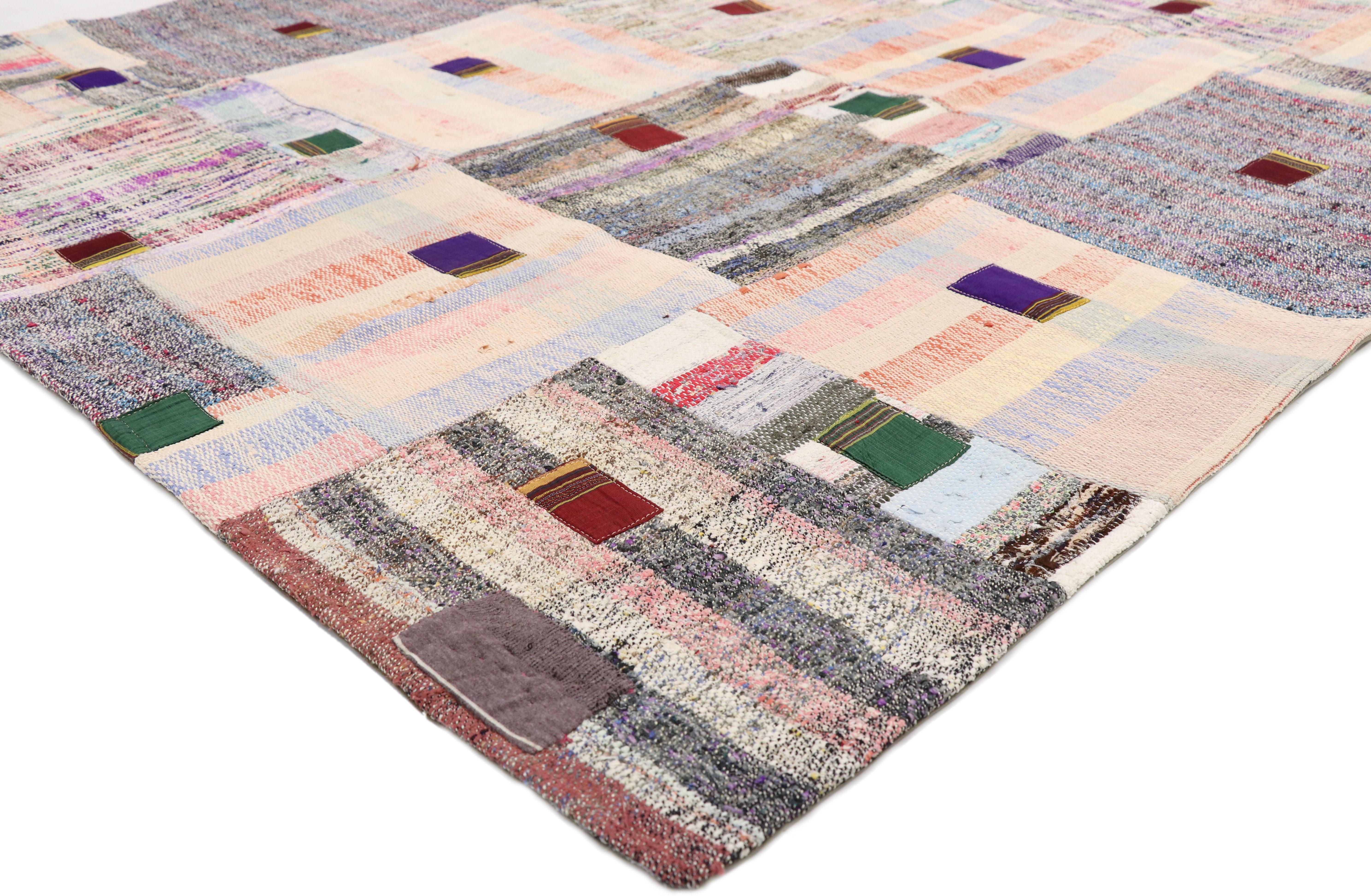 51584 Vintage Turkish Pala Patchwork Kilim Rug, Flat-weave Kilim Area Rug 05'08 X 06'02. Mixing various patterns and colors create a stunning design in this Pala Patchwork Kilim rug. Featuring both wide and narrow bands in multiple colors, stripes