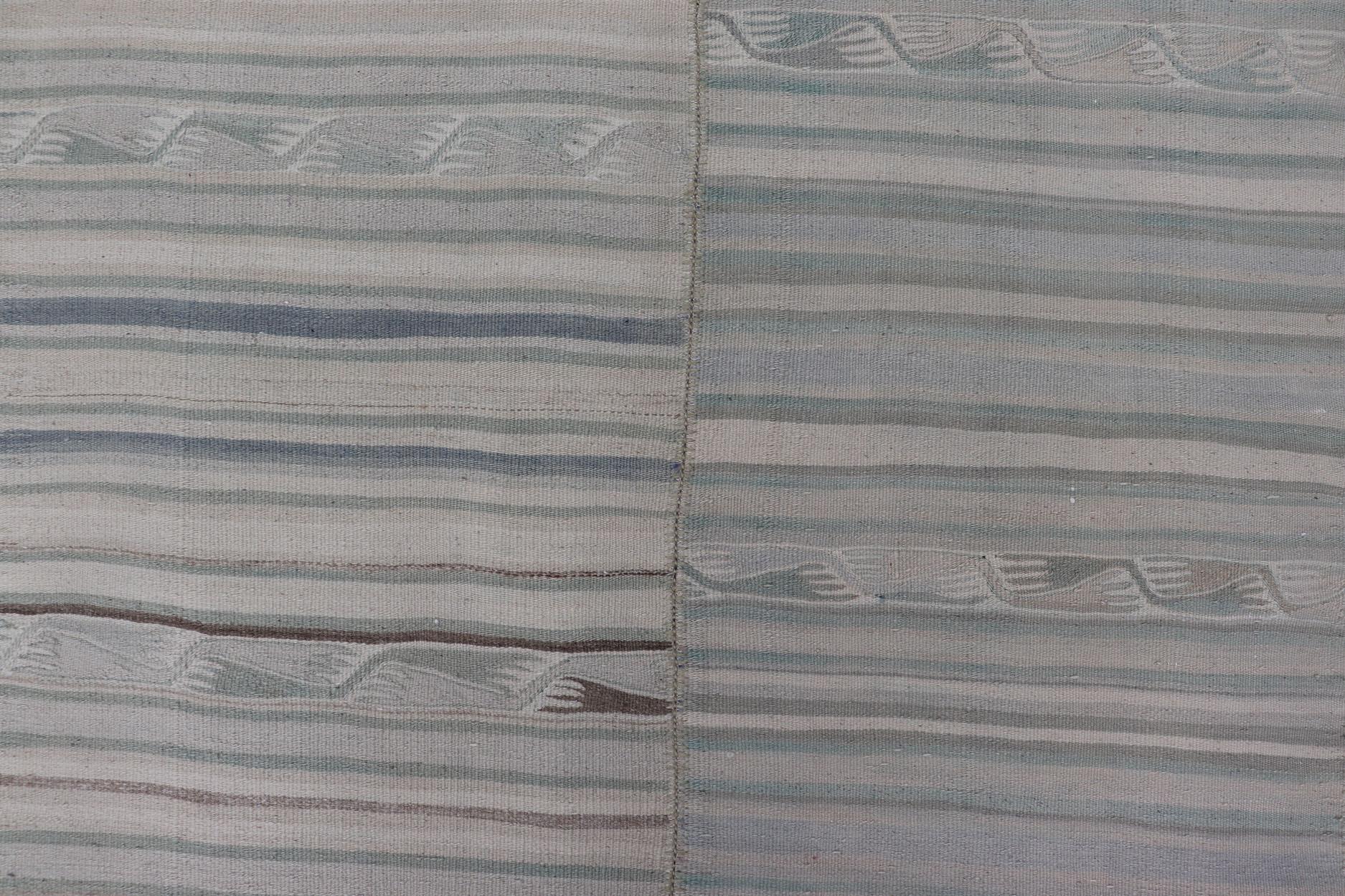 Vintage Turkish Paneled Flat-Weave Kilim in Muted Colors With Stripe Design. Keivan Woven Arts / rug EN-14094 country of origin / type: Turkey / Kilim, circa mid-20th century
Measures: 9'2 x 11'6 