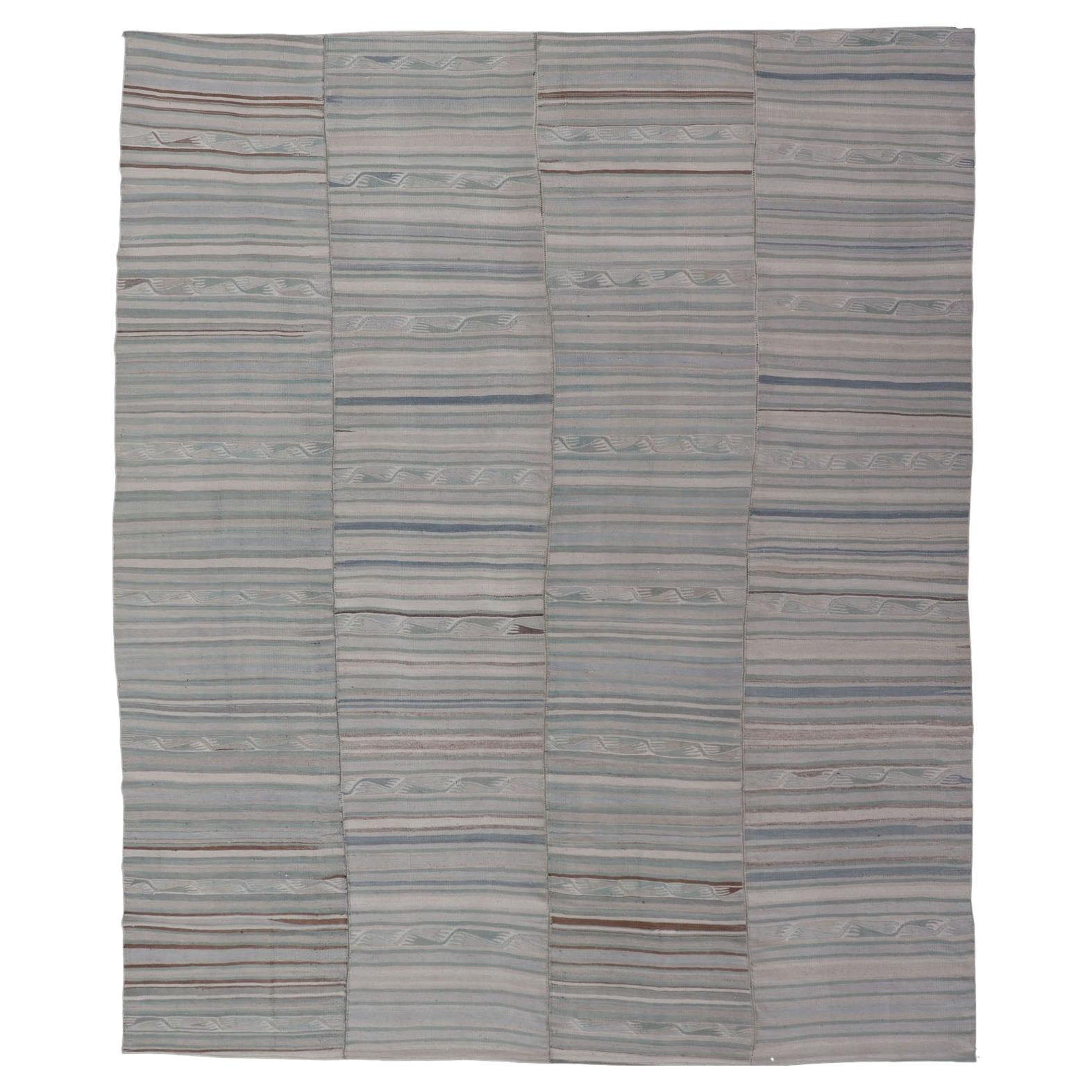 Vintage Turkish Paneled Flat-Weave Kilim in Muted Colors With Stripe Design 