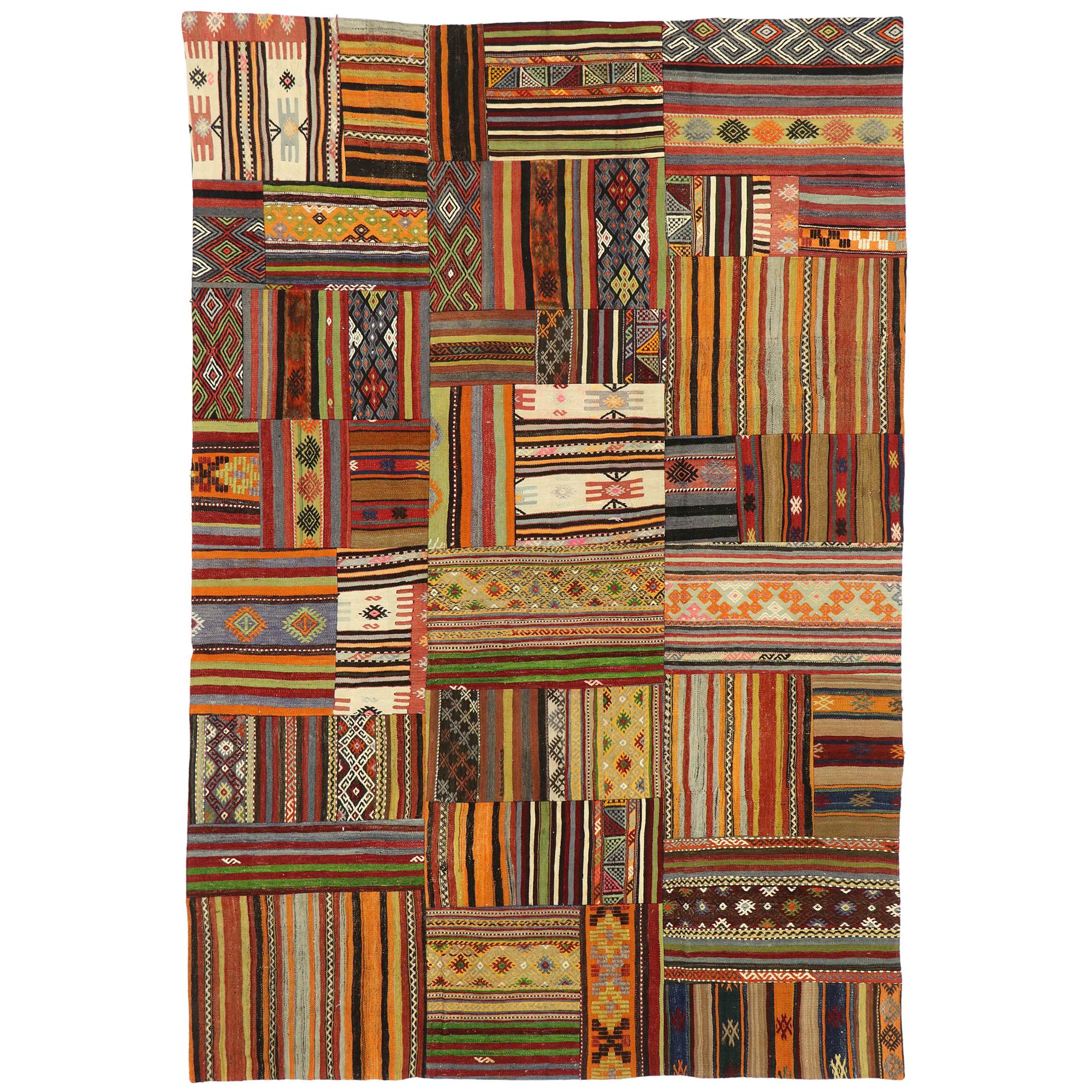 Vintage Turkish Patchwork Kilim Plaid Rug with Preppy Madras Style For Sale