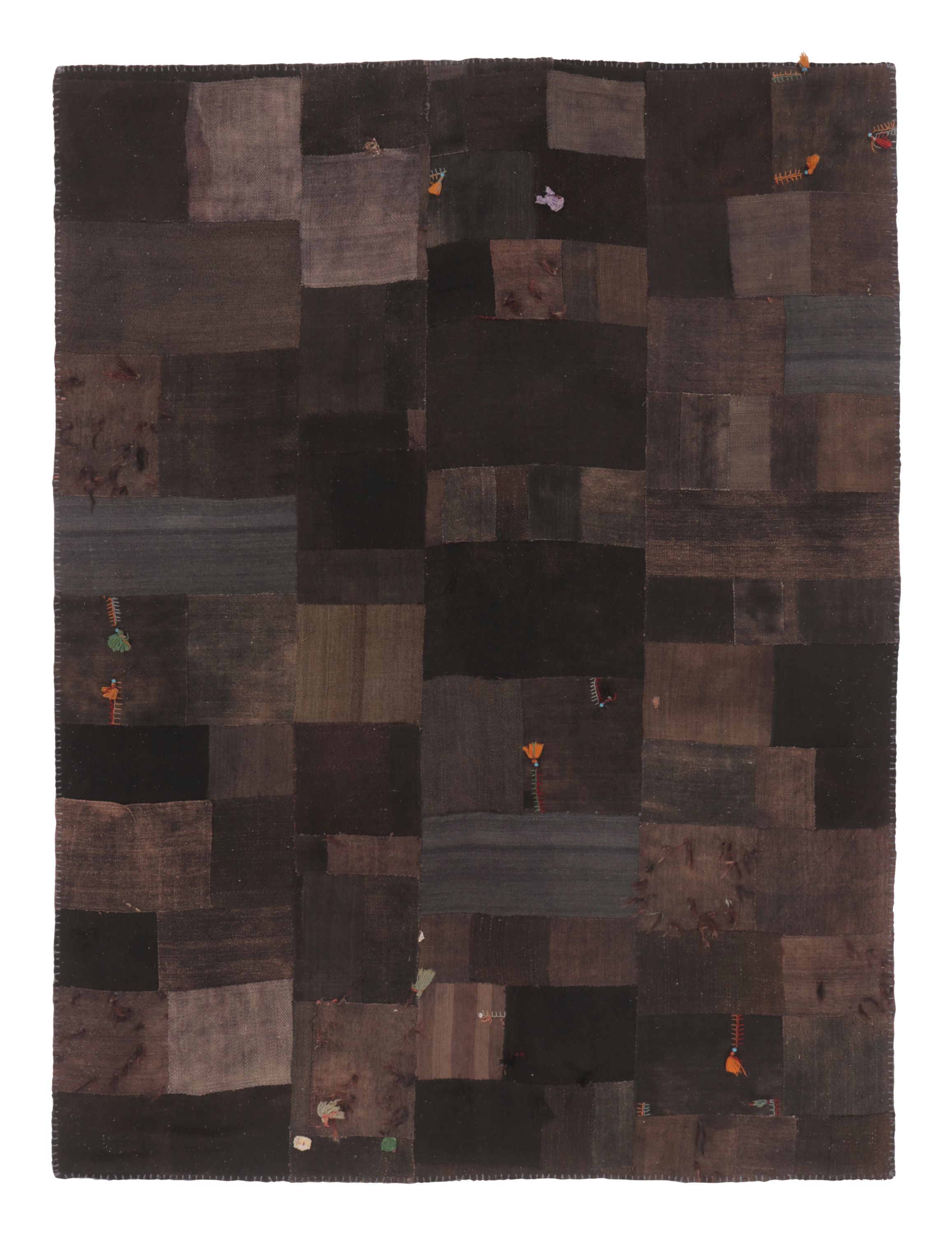 Vintage Turkish Patchwork Kilim Rug in Brown with Textural Design - Rug & Kilim