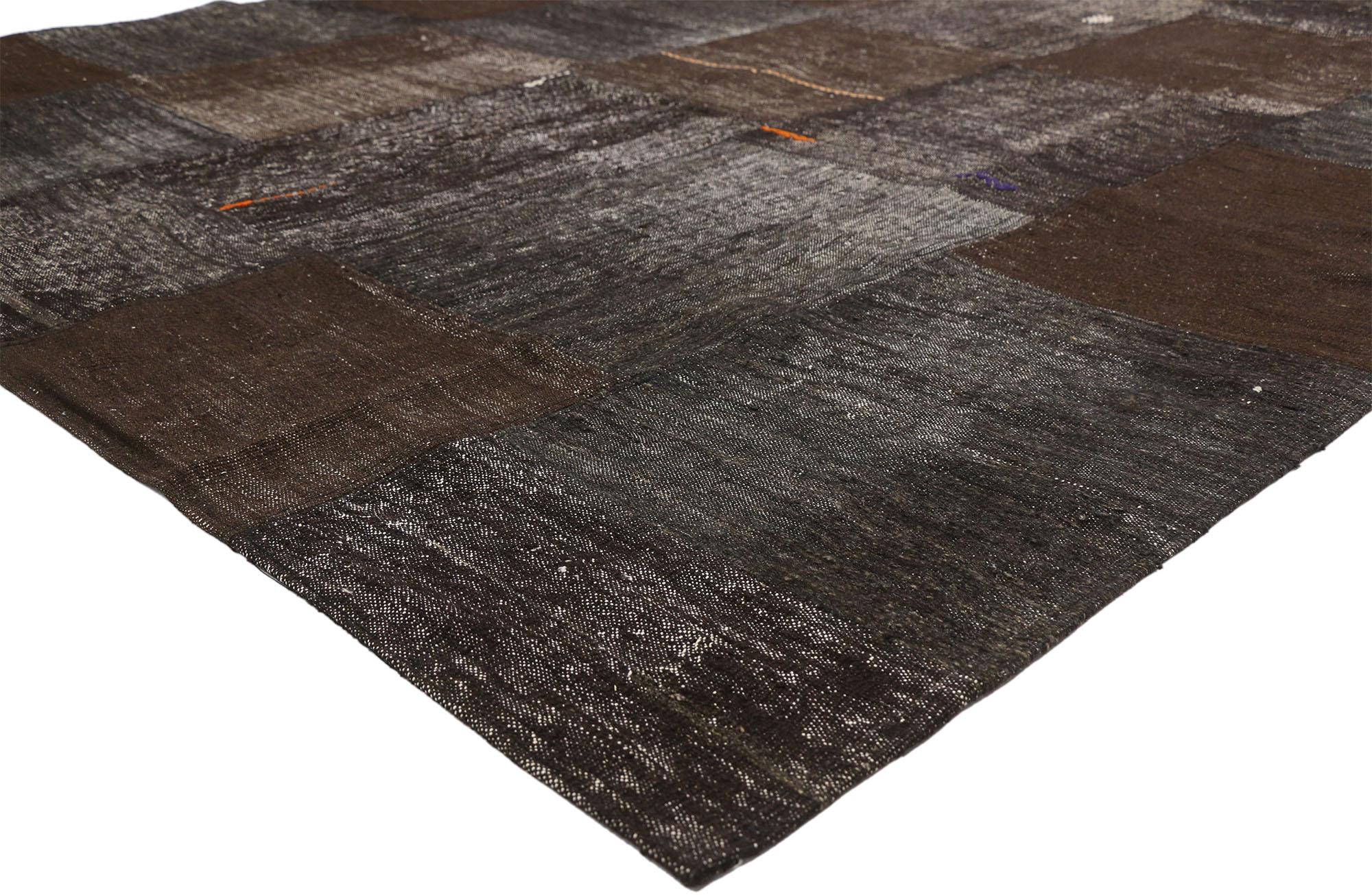 51064 Vintage Turkish Patchwork Kilim Rug, 08'04 X 10'01. 
Emanating masculine appeal and Wabi-Sabi style, this vintage Turkish patchwork rug is a captivating vision of woven beauty. The geometric design and earthy colorway woven into this piece