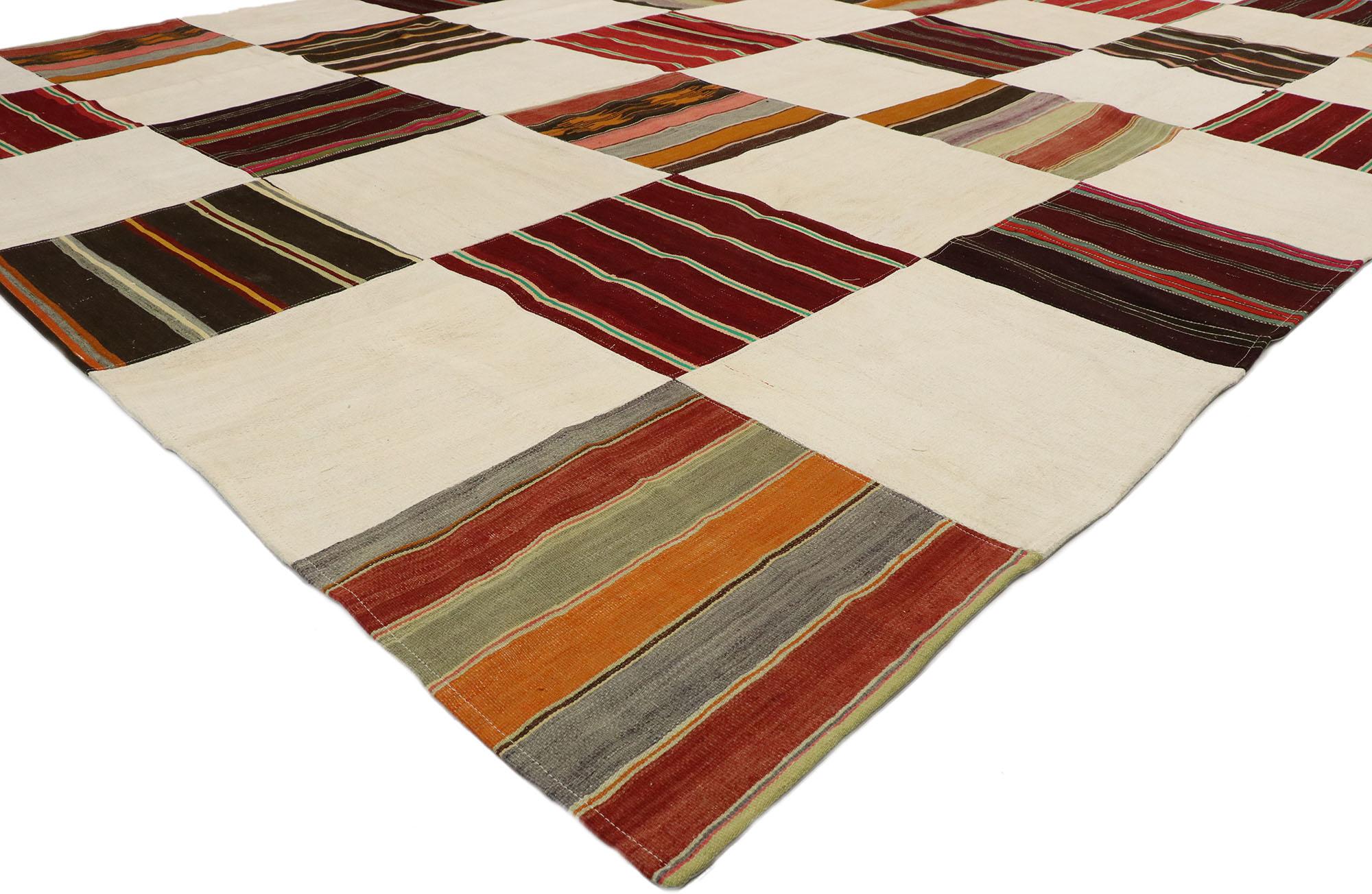 Hand-Woven Vintage Turkish Patchwork Kilim Rug with Modern Rustic Preppy Style