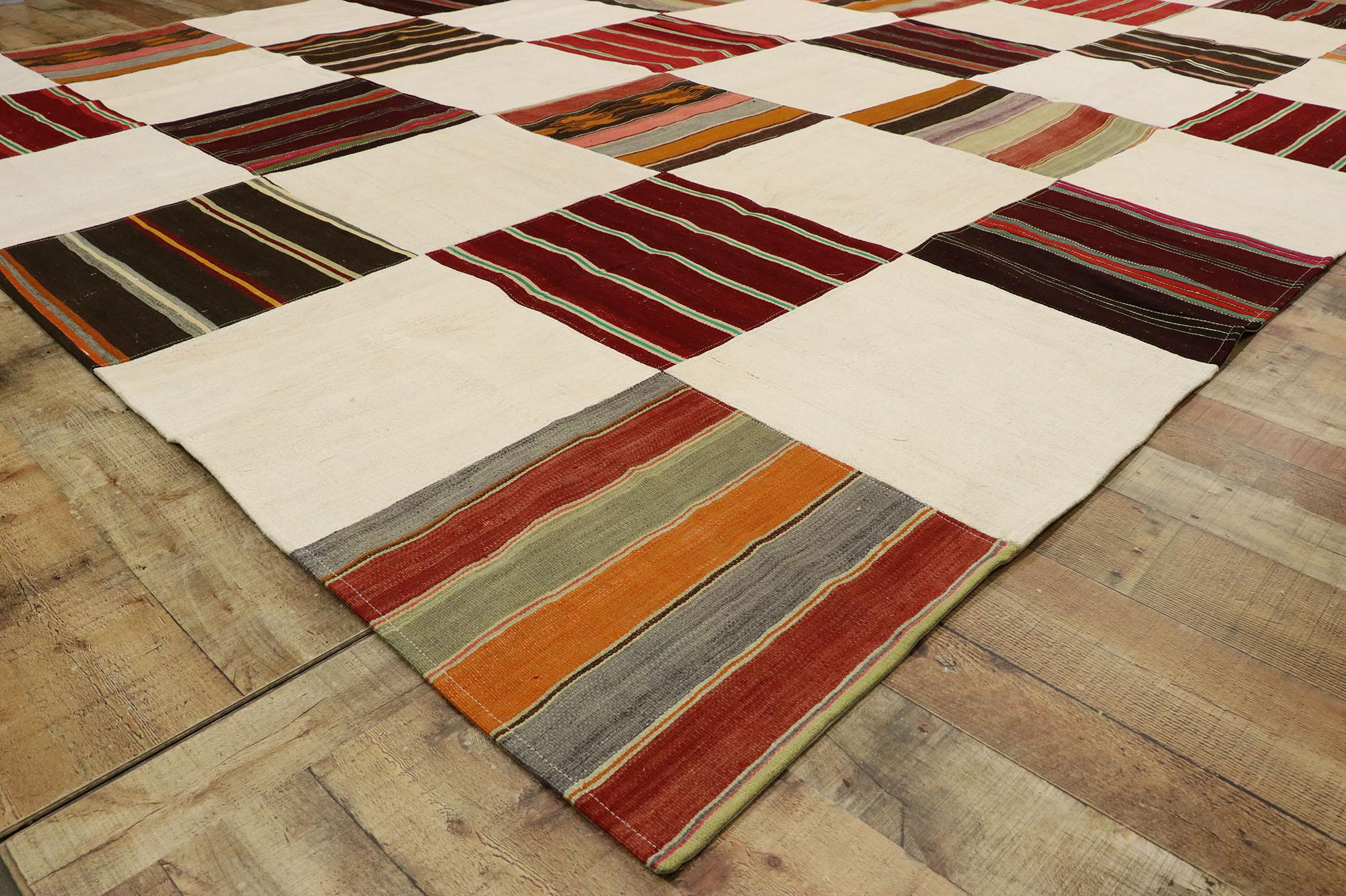 Vintage Turkish Patchwork Kilim Rug with Modern Rustic Preppy Style 1