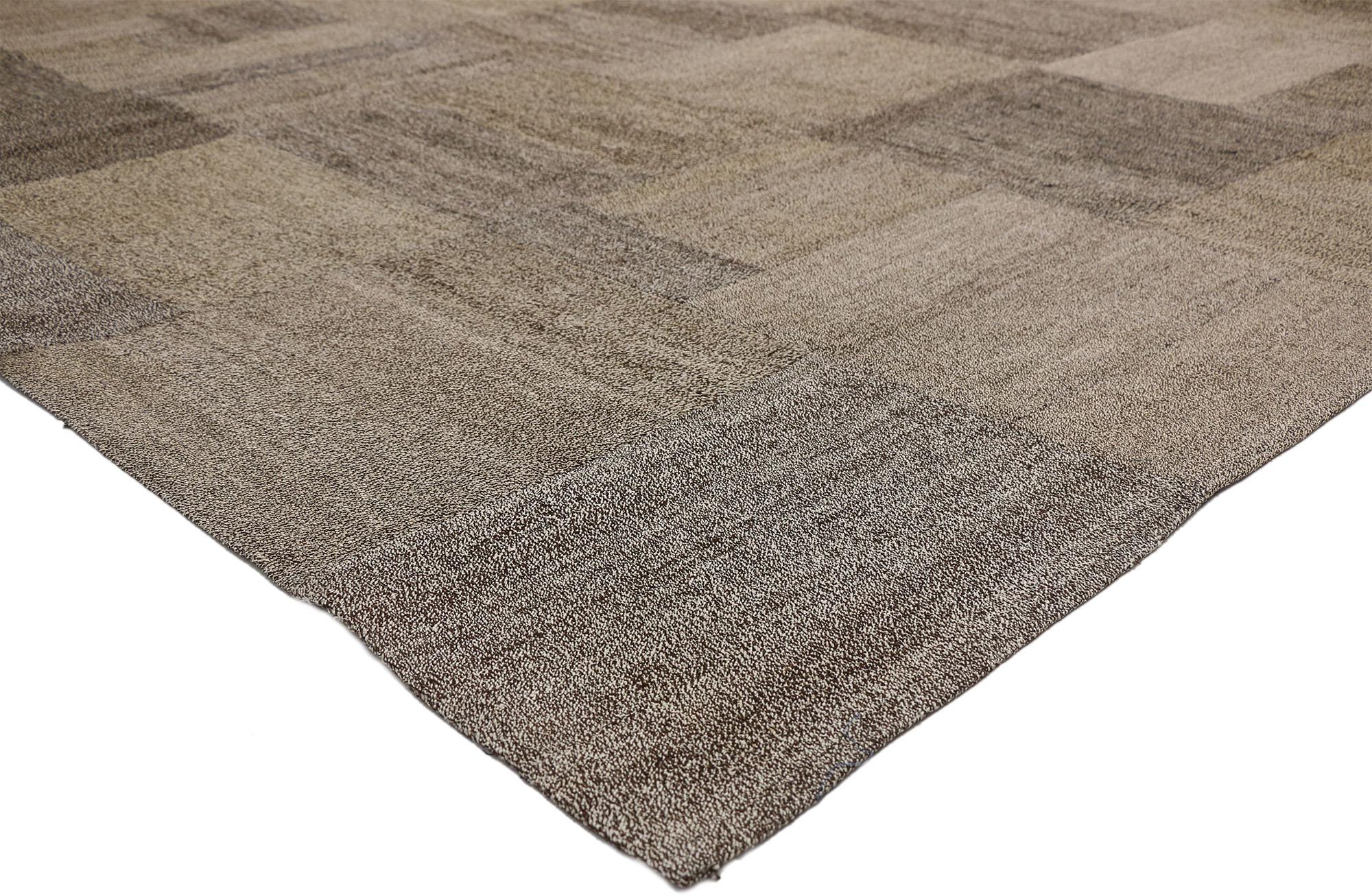 50370, vintage Turkish Patchwork Kilim rug with Scandinavian Modern style. Featuring well-balanced asymmetry with a simple design aesthetic, this handwoven Turkish Patchwork Kilim rug adds texture and subtle graphic appeal forming a warm, relaxed