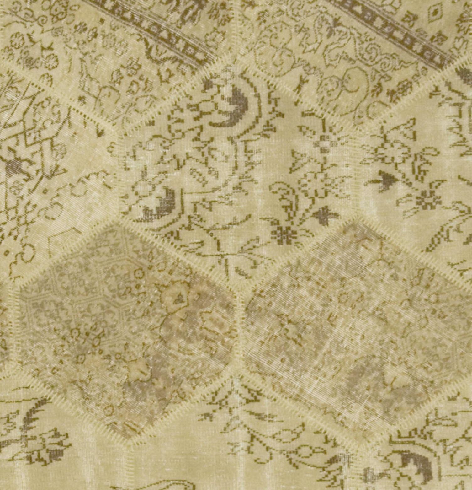 Vintage Turkish Patchwork Rug Carpet 7'8 x 10'6. This rug is a combination from various hand knotted pieces to create a patchwork rug which has been deliberately cut low to create this wonderful looking rug that will go so well with either a modern