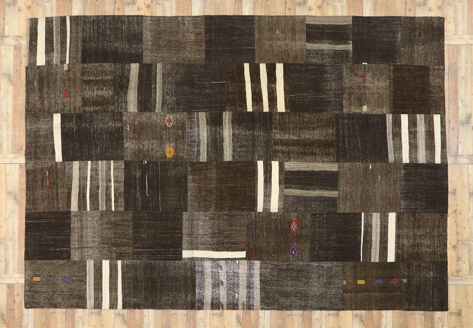 Hand-Woven Vintage Turkish Patchwork Rug with Masculine Preppy Style For Sale