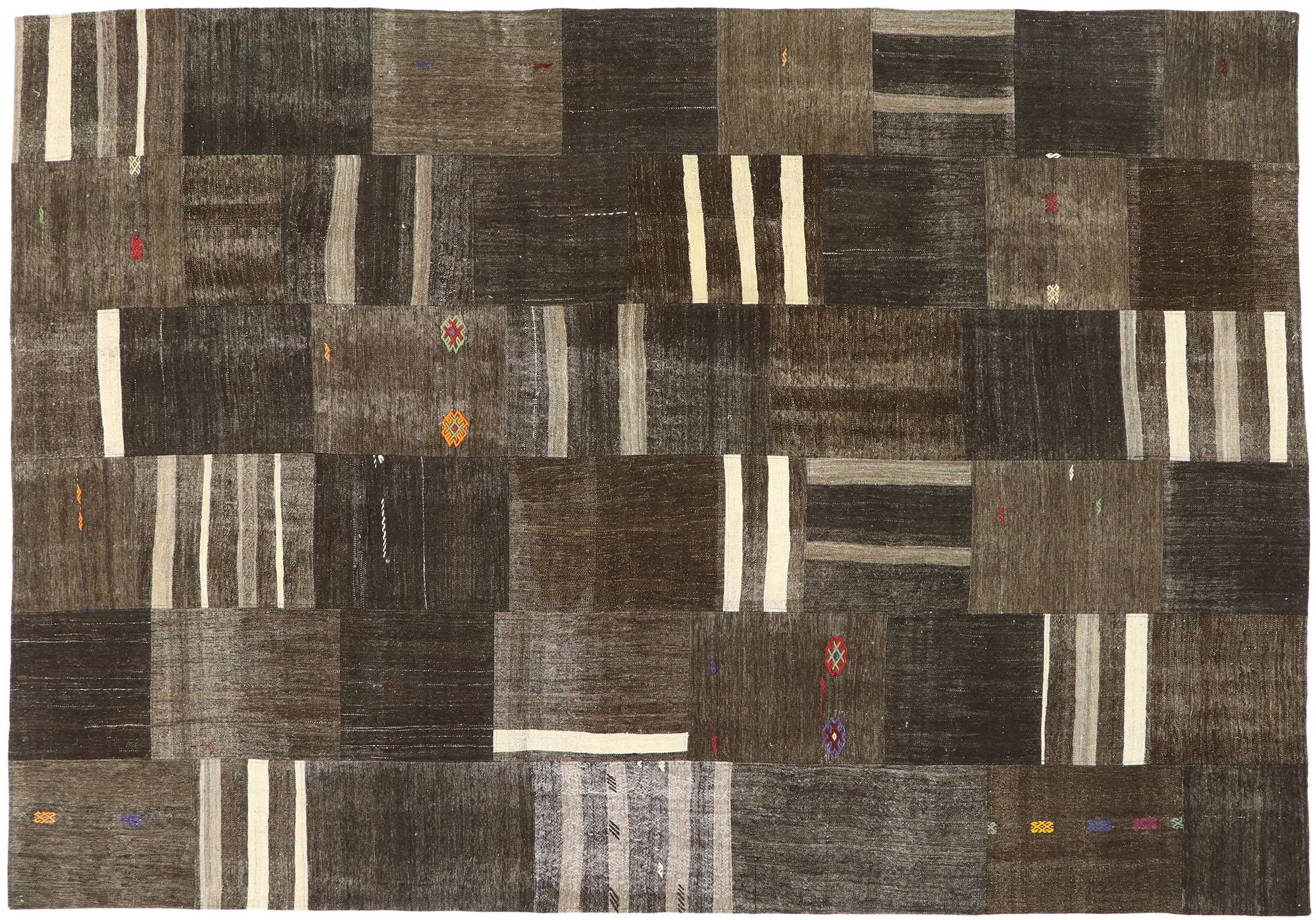 Vintage Turkish Patchwork Rug with Masculine Preppy Style In Good Condition For Sale In Dallas, TX
