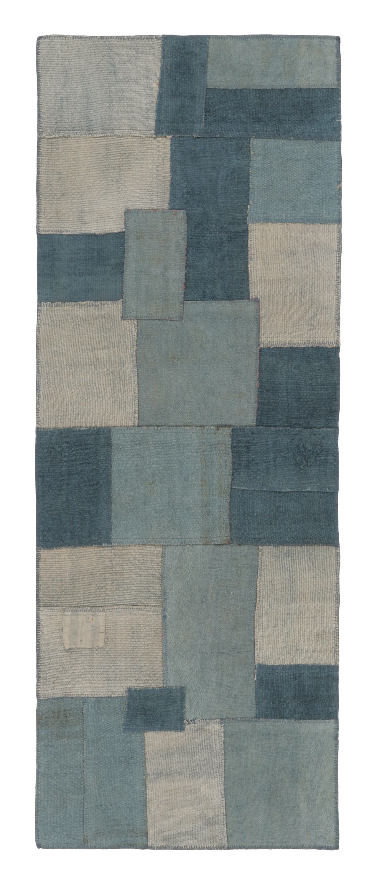 Vintage Turkish Patchwork Runner Geometric Design in Blue Hues - Rug & Kilim For Sale