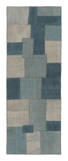 Vintage Turkish Patchwork Runner Geometrisches Design in Blautönen - Rug & Kilim