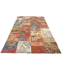 Vintage Turkish Patchwork Wool 6x10 Red, Ivory & Blue Handmade Area Rug