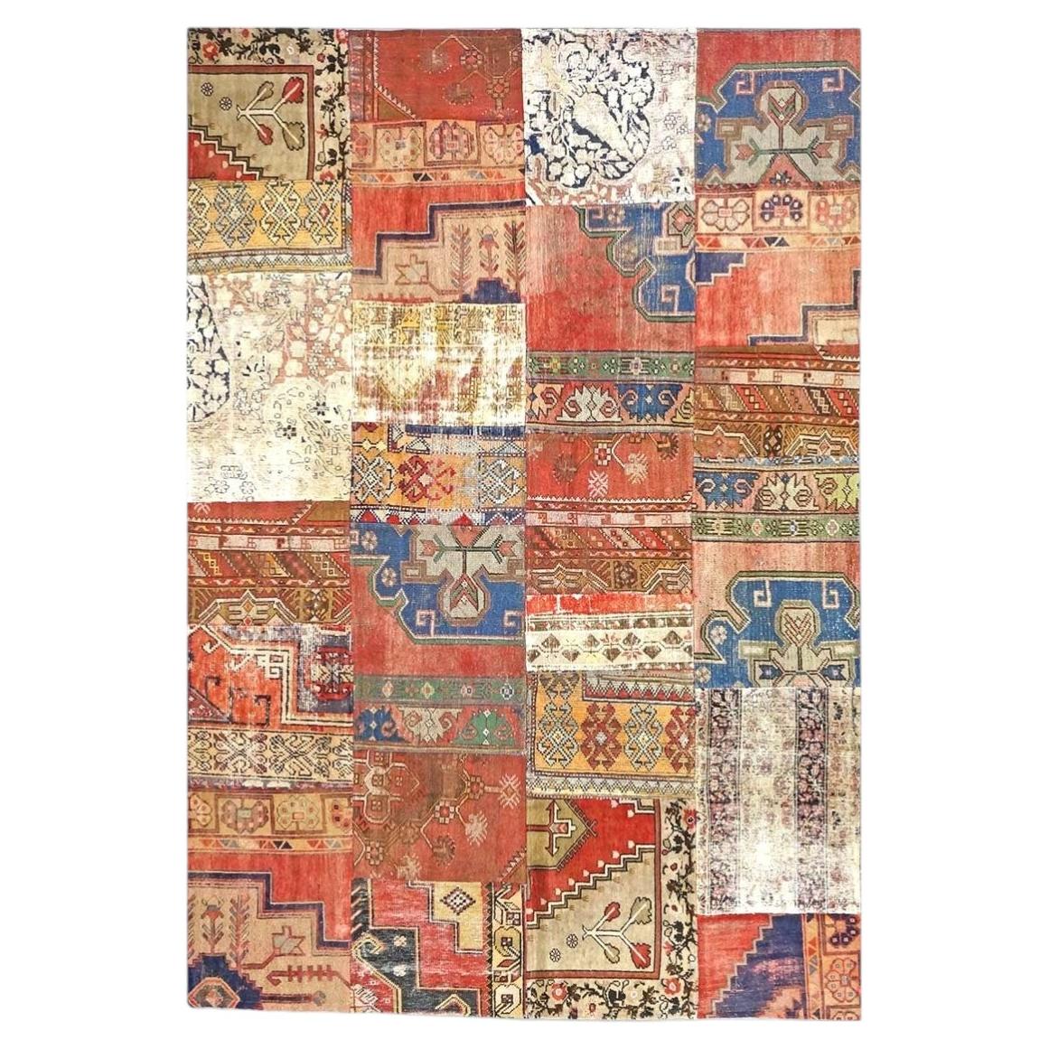Vintage Turkish Patchwork Wool 6x10 Red, Ivory & Blue Handmade Area Rug For Sale