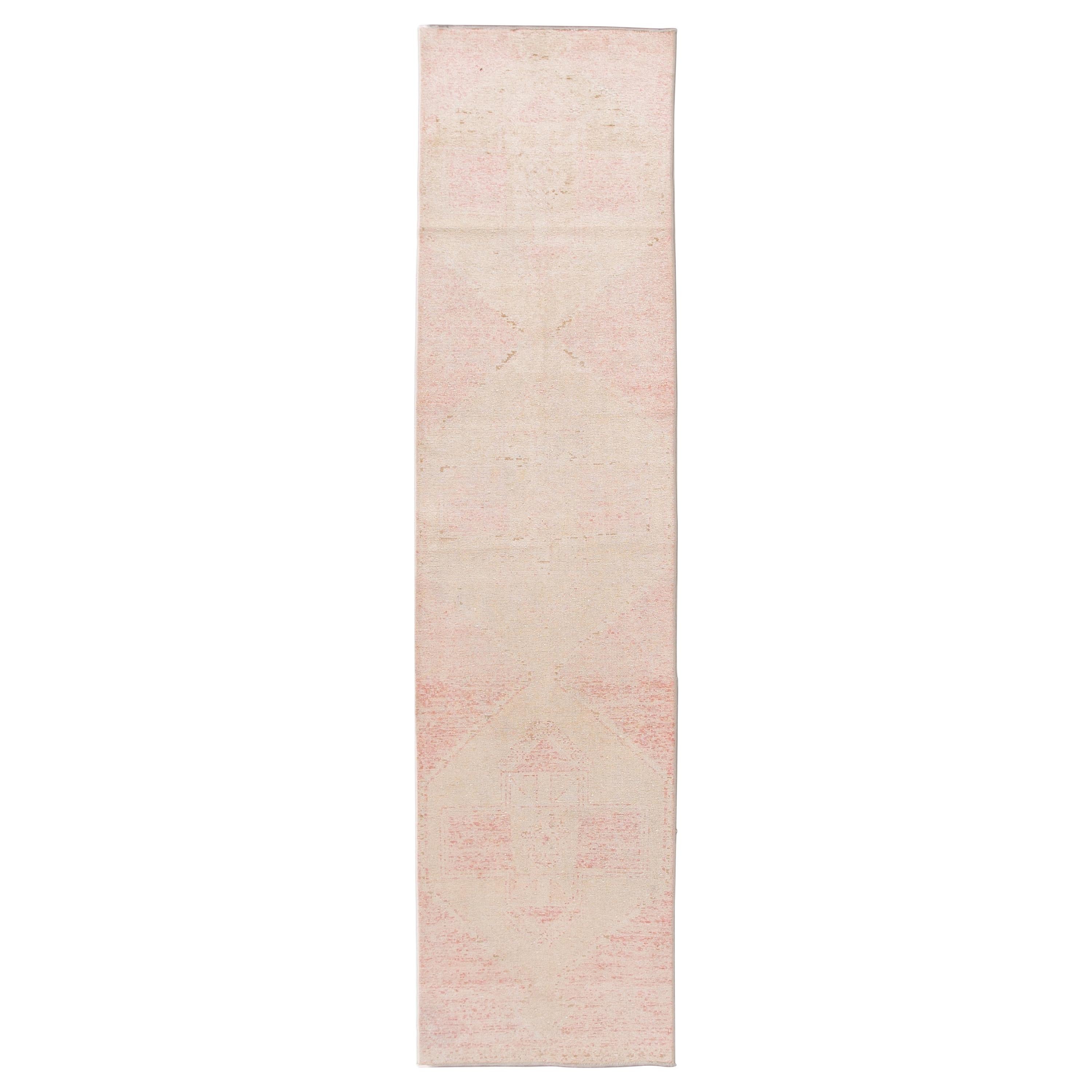 Tapis de couloir turc vintage en laine géométrique pêche et beige fait à la main