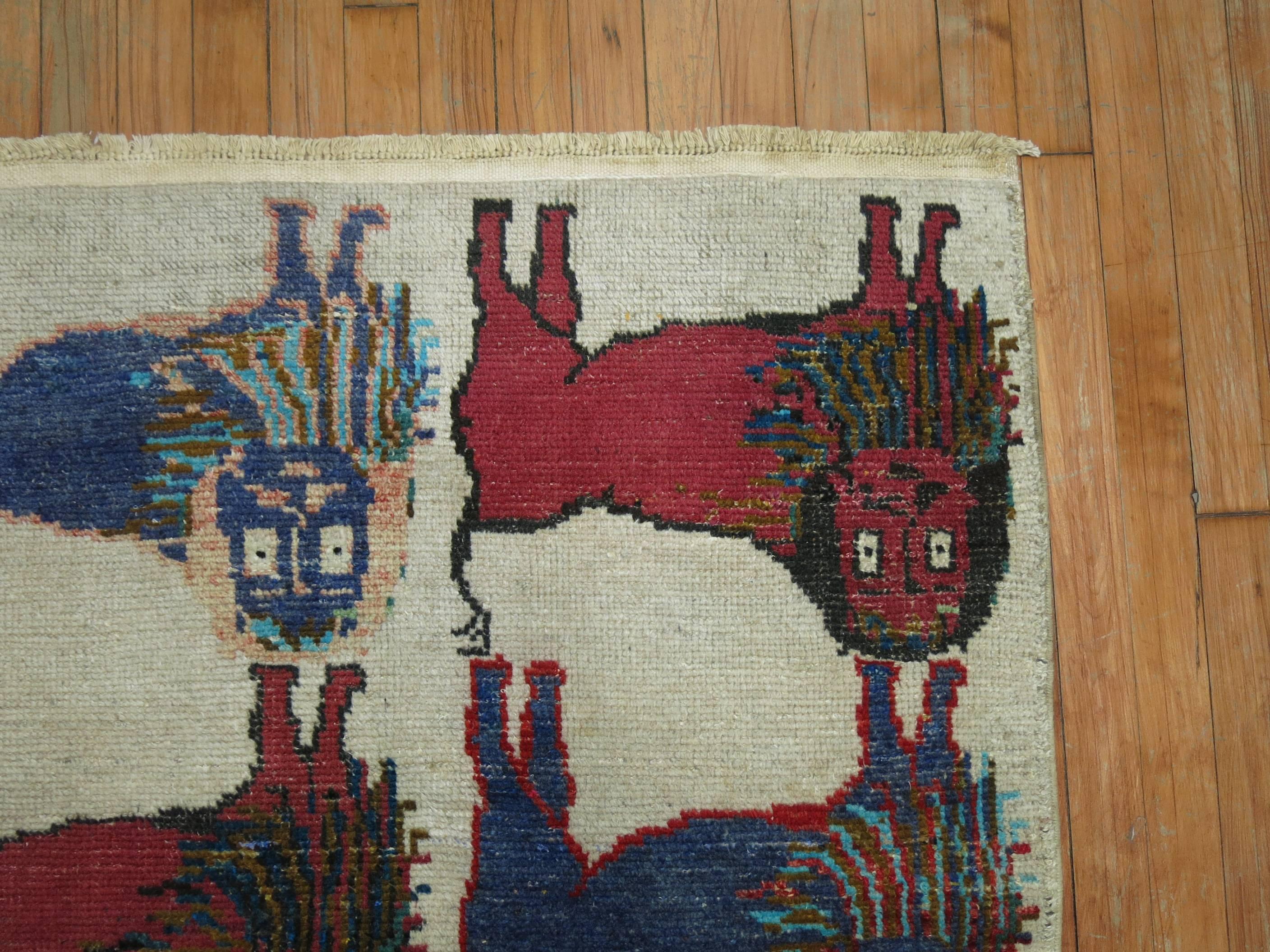 One of a kind vintage Turkish rug depicting 12 colorful lions on an ivory colored ground.